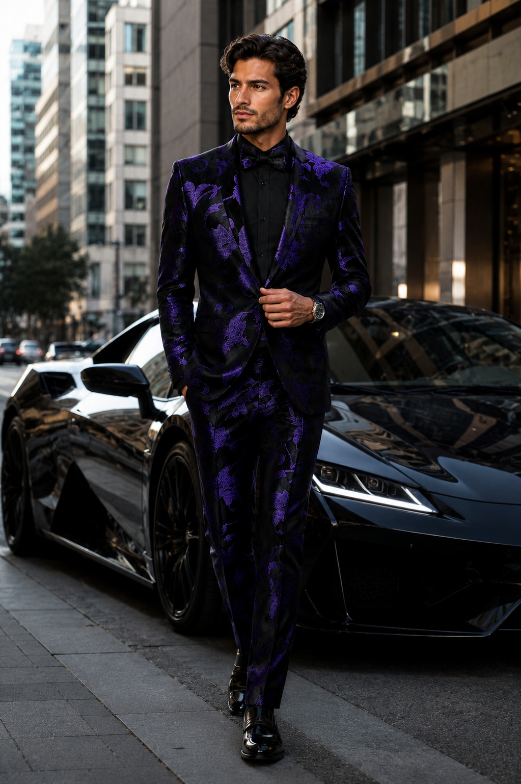 Mardi Gras Suit - Purple and Black Paisley Tuxedo Dinner Jacket + Matching Pants - Slim Fitted