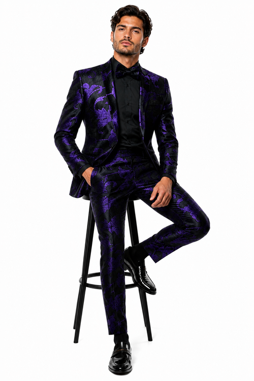 Mardi Gras Suit - Purple and Black Paisley Tuxedo Dinner Jacket + Matching Pants - Slim Fitted