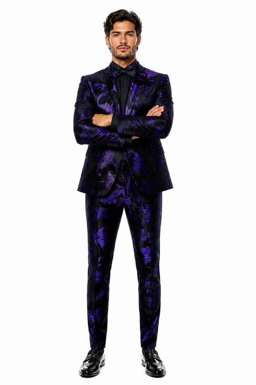 Mardi Gras Suit - Purple and Black Paisley Tuxedo Dinner Jacket + Matching Pants - Slim Fitted