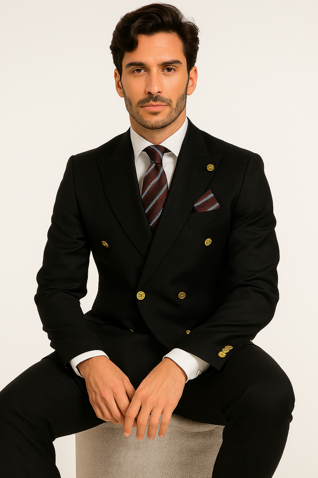 Mens Double breasted Suit - "Maroon" 1920s 1980s Style Peak Lapel Suits -  Back Side Vented  Mens Designer Modern Fit Double Breasted Wool Feel Suit- Designer Brand with Gold Buttons in Maroon - New Arrival - 36 Regular