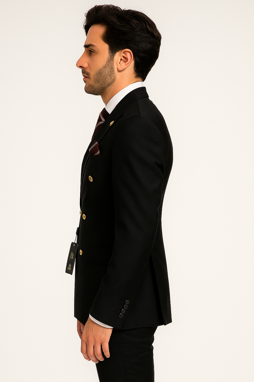 Mens Double breasted Suit - "Maroon" 1920s 1980s Style Peak Lapel Suits -  Back Side Vented  Mens Designer Modern Fit Double Breasted Wool Feel Suit- Designer Brand with Gold Buttons in Maroon - New Arrival - 36 Regular