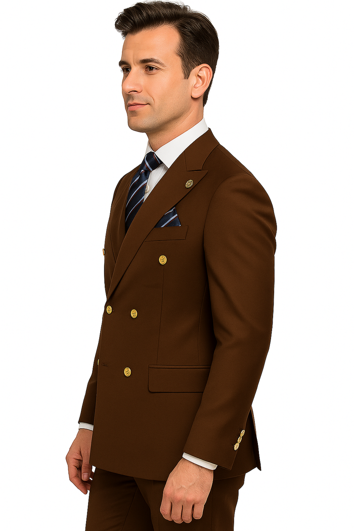 Mens Double breasted Suit - "Maroon" 1920s 1980s Style Peak Lapel Suits -Â  Back Side VentedÂ  Mens Designer Modern Fit Double Breasted Wool Feel Suit- Designer Brand with Gold Buttons in Maroon - New Arrival