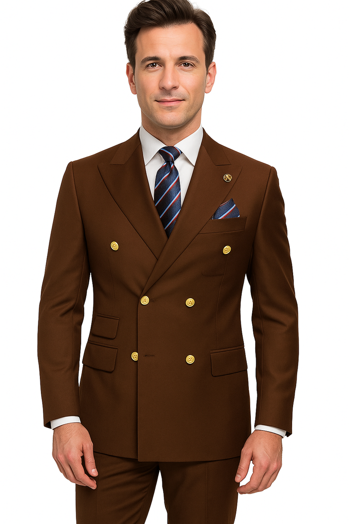 Mens Double breasted Suit - "Maroon" 1920s 1980s Style Peak Lapel Suits -Â  Back Side VentedÂ  Mens Designer Modern Fit Double Breasted Wool Feel Suit- Designer Brand with Gold Buttons in Maroon - New Arrival