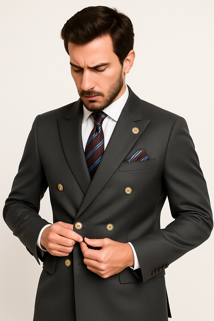 Mens Double breasted Suit - "Maroon" 1920s 1980s Style Peak Lapel Suits -Â  Back Side VentedÂ  Mens Designer Modern Fit Double Breasted Wool Feel Suit- Designer Brand with Gold Buttons in Maroon - New Arrival