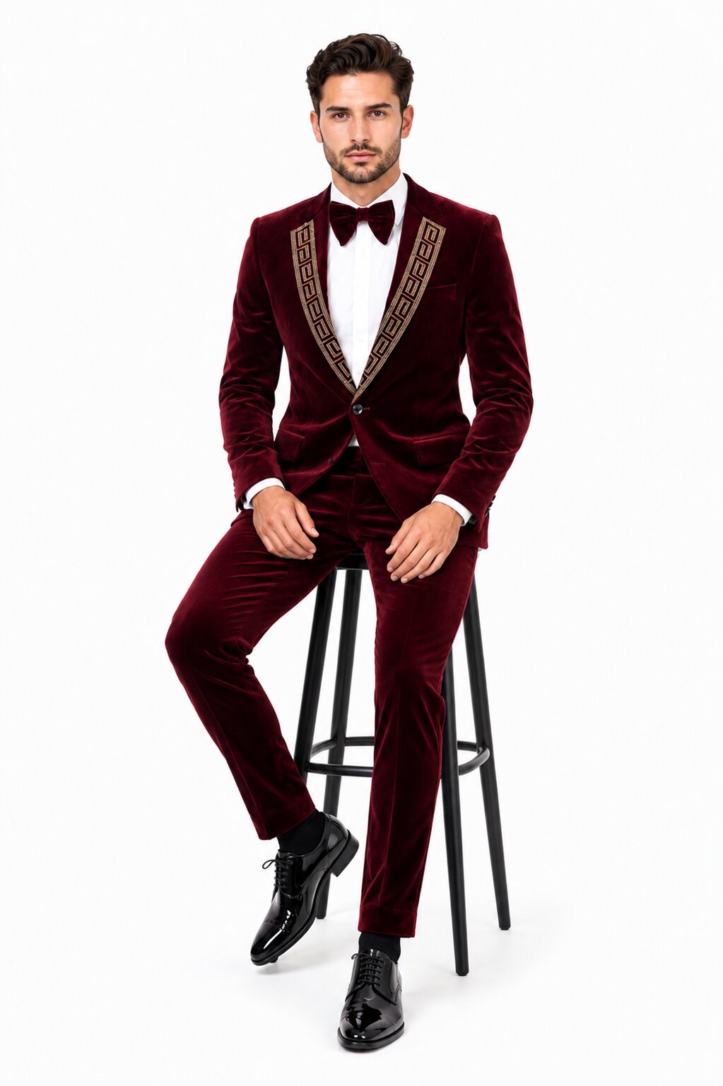 EJ Samuel Men's Burgundy Modern Fit Velvet Tuxedo with Gold Sequin Lapel - Burgundy