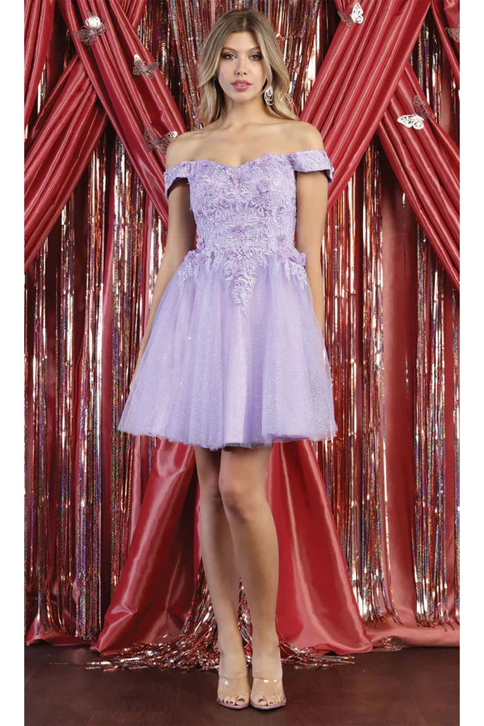 May Queen MQ1964 3D Floral Applique & Beaded Cap Sleeves Dress - Lilac / 4 - Dress