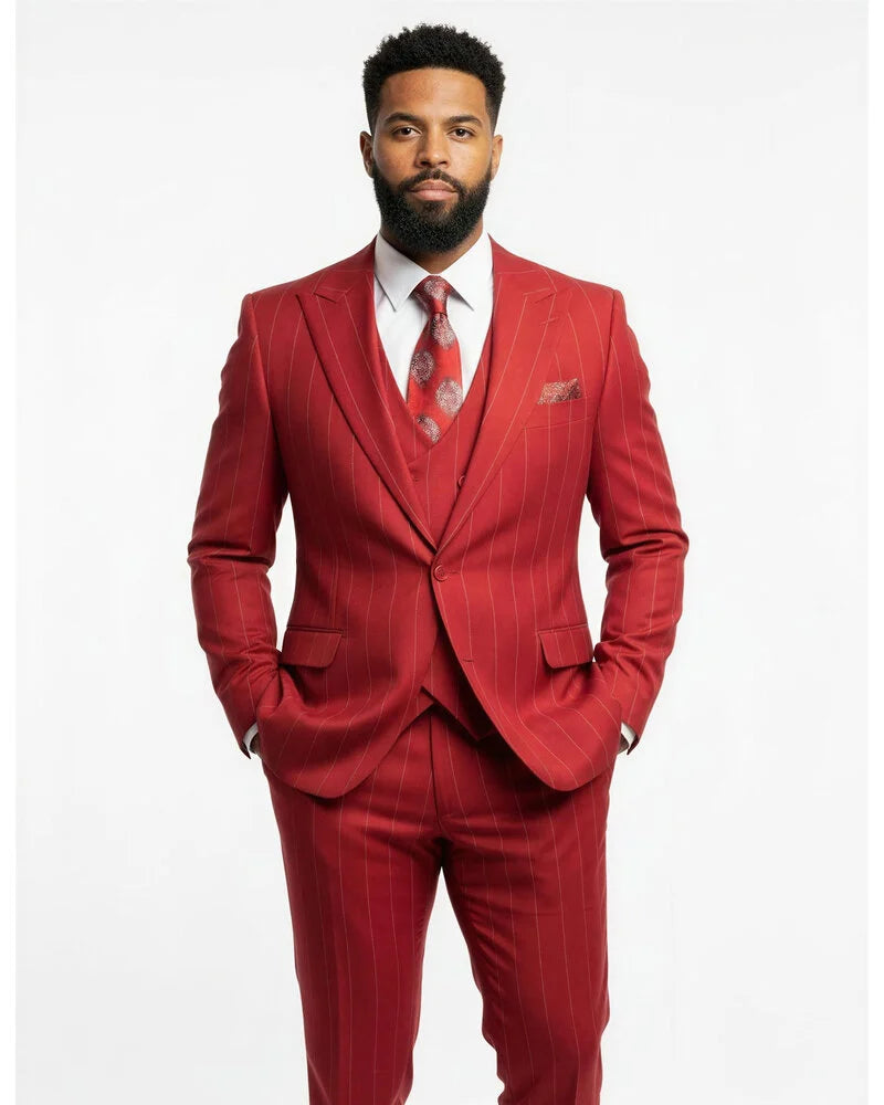 Mazari 1B Peak Lapel Pinstripe Vested Suit - 34 Short or Extra Small
