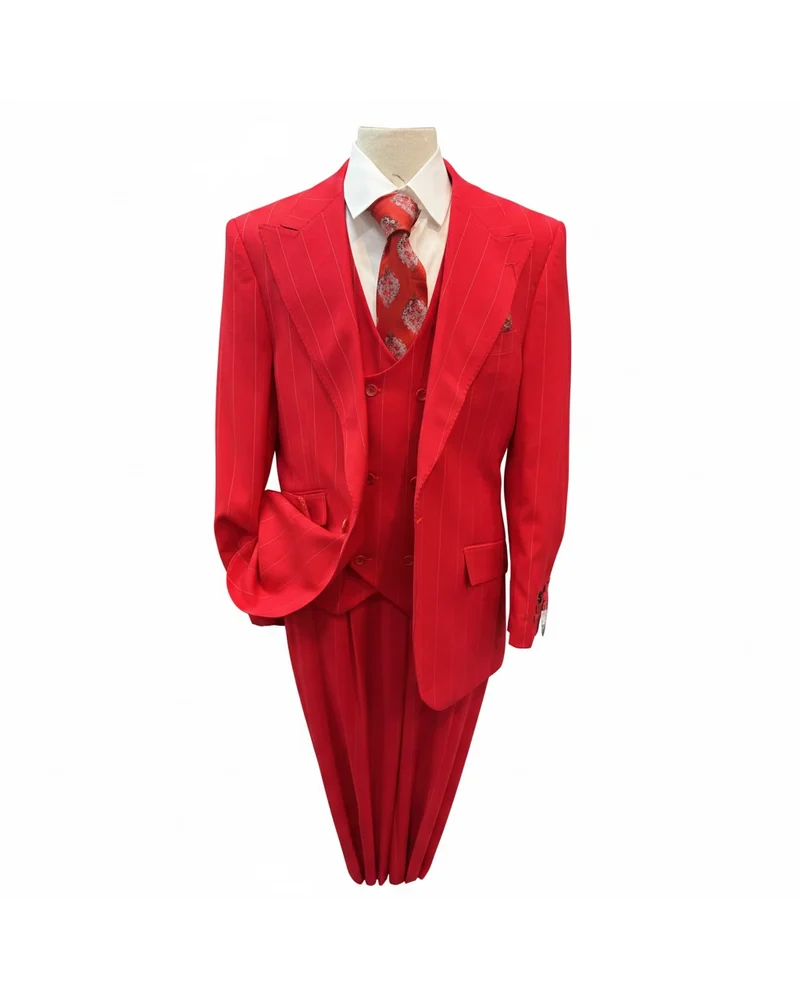 Mazari 1B Peak Lapel Pinstripe Vested Suit - 34 Short or Extra Small