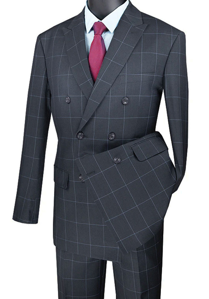 Naples Collection - Gray Modern Fit Double Breasted Windowpane Peak Lapel 2 Piece Suit - Gray