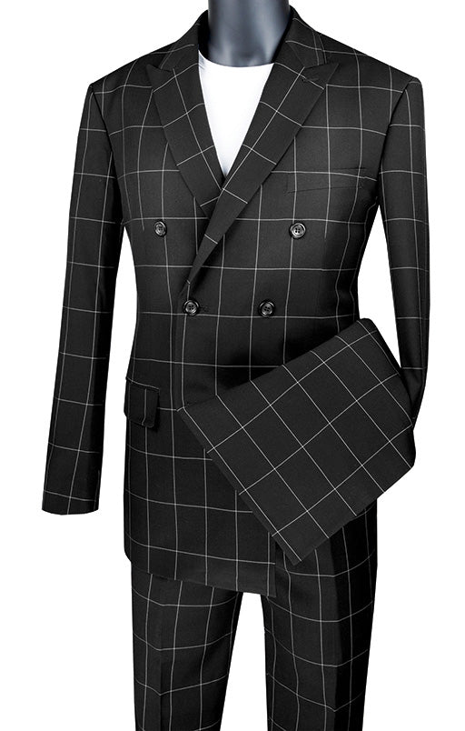 Naples Collection - Black Modern Fit Double Breasted Windowpane Peak Lapel 2 Piece Suit - Black