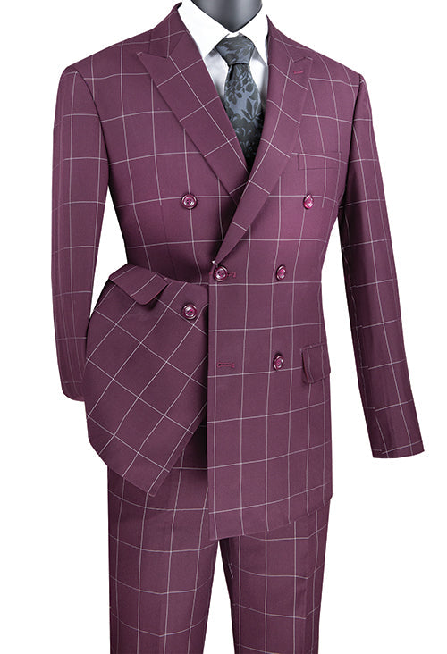 Naples Collection - Wine Modern Fit Double Breasted Windowpane Peak Lapel 2 Piece Suit - Wine