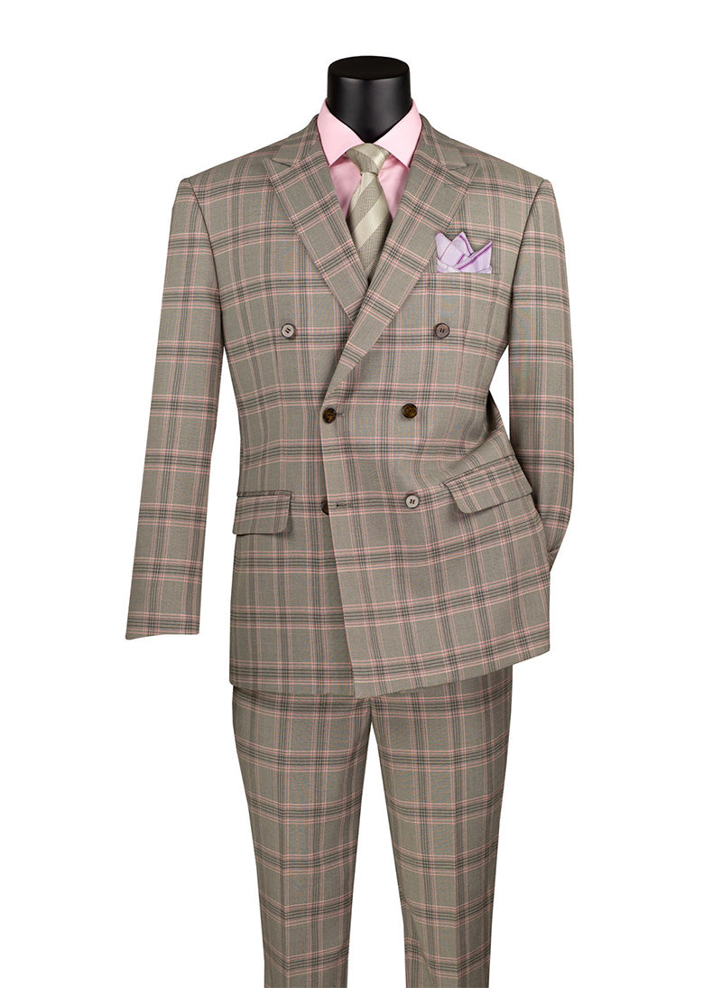 Light Taupe Modern Fit Double Breasted Glen Plaid Peak Lapel 2 Piece Suit - Light Taupe