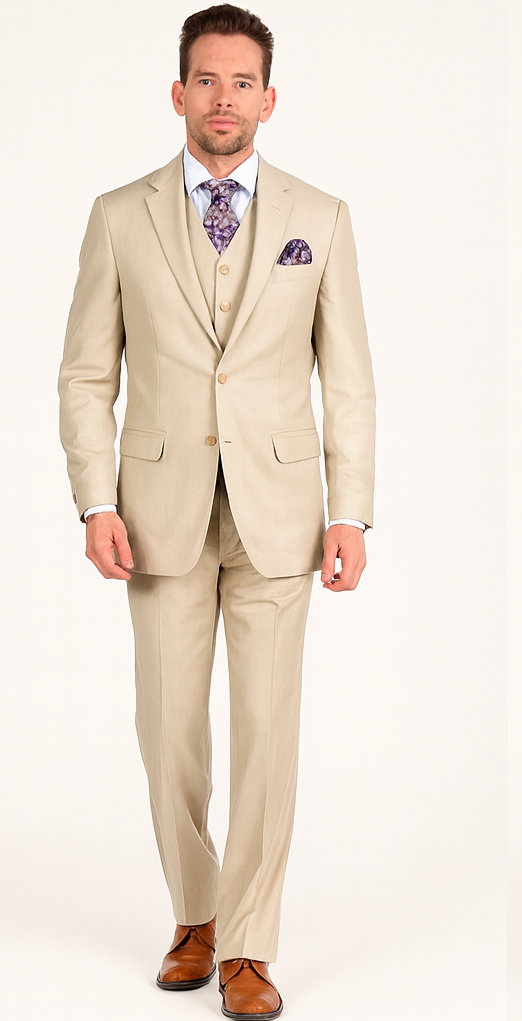 Giorgio Fiorelli Men' 2 Button 3 Piece Double Vents Beige Suit - 38 Short Jacket+32 Waist Adjust 28to34)(Height: 5 4 to5 7 )(Neck  15-16.5)S-M)