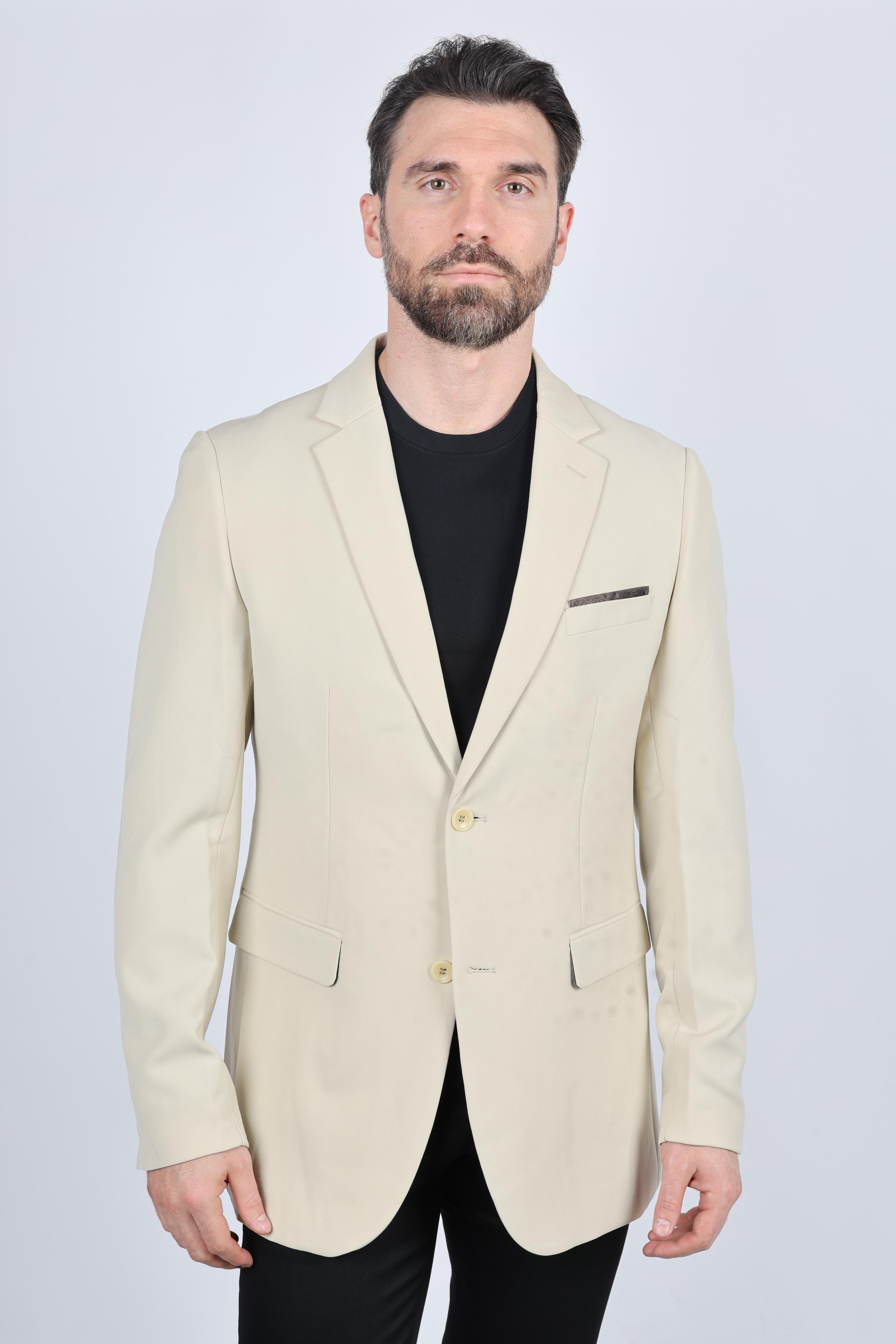 Men’s Beige Date Night Blazer – Tailored Modern Fit Stretch Jacket - S