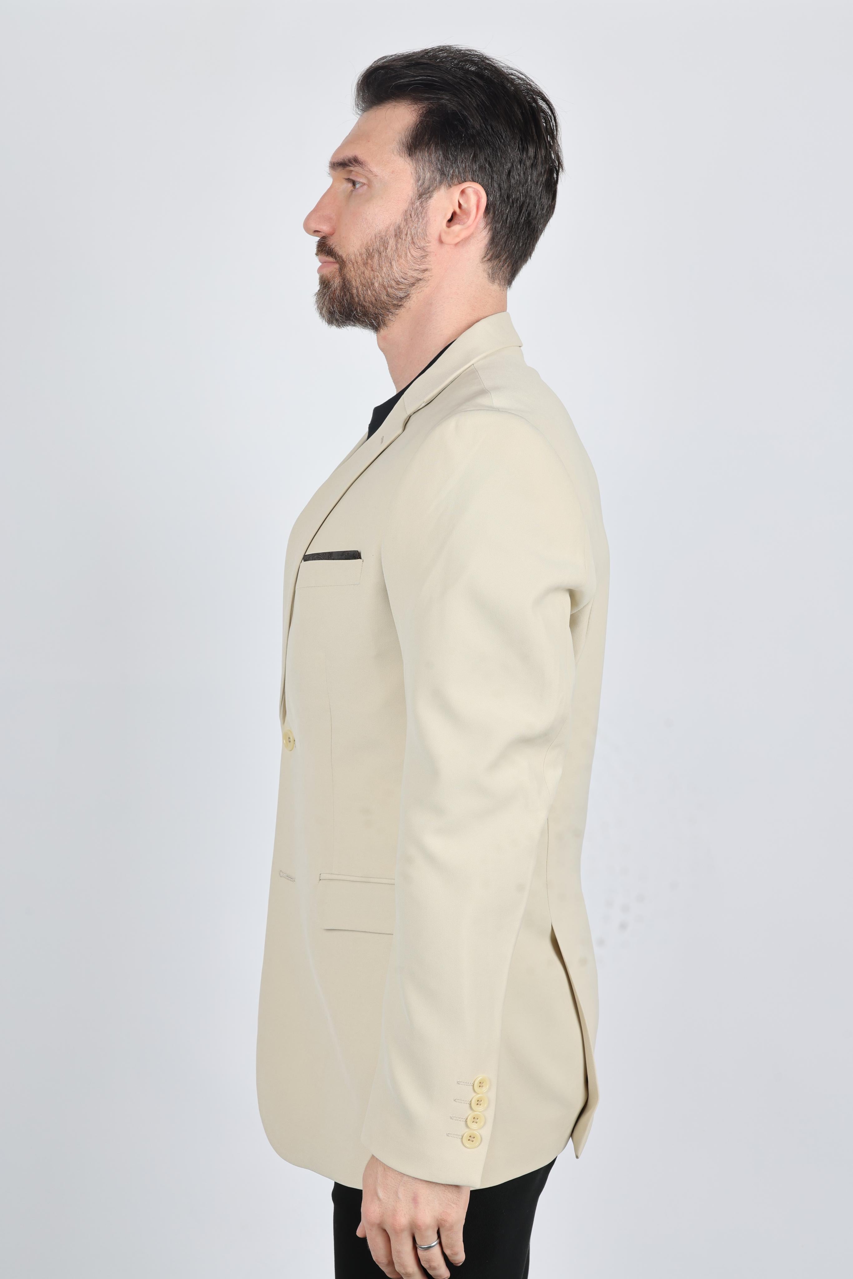 Men’s Beige Date Night Blazer – Tailored Modern Fit Stretch Jacket - S