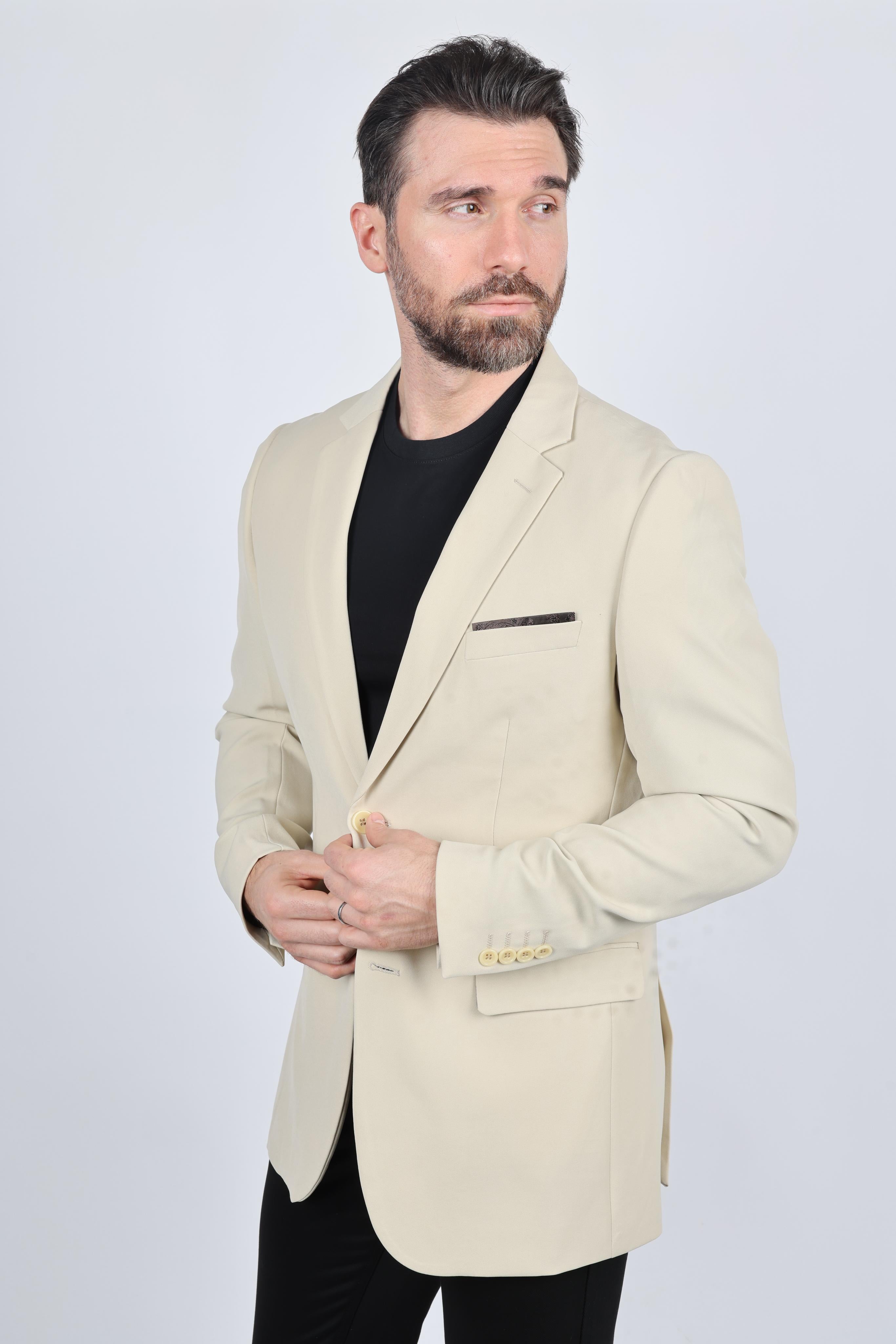 Men’s Beige Date Night Blazer – Tailored Modern Fit Stretch Jacket - S