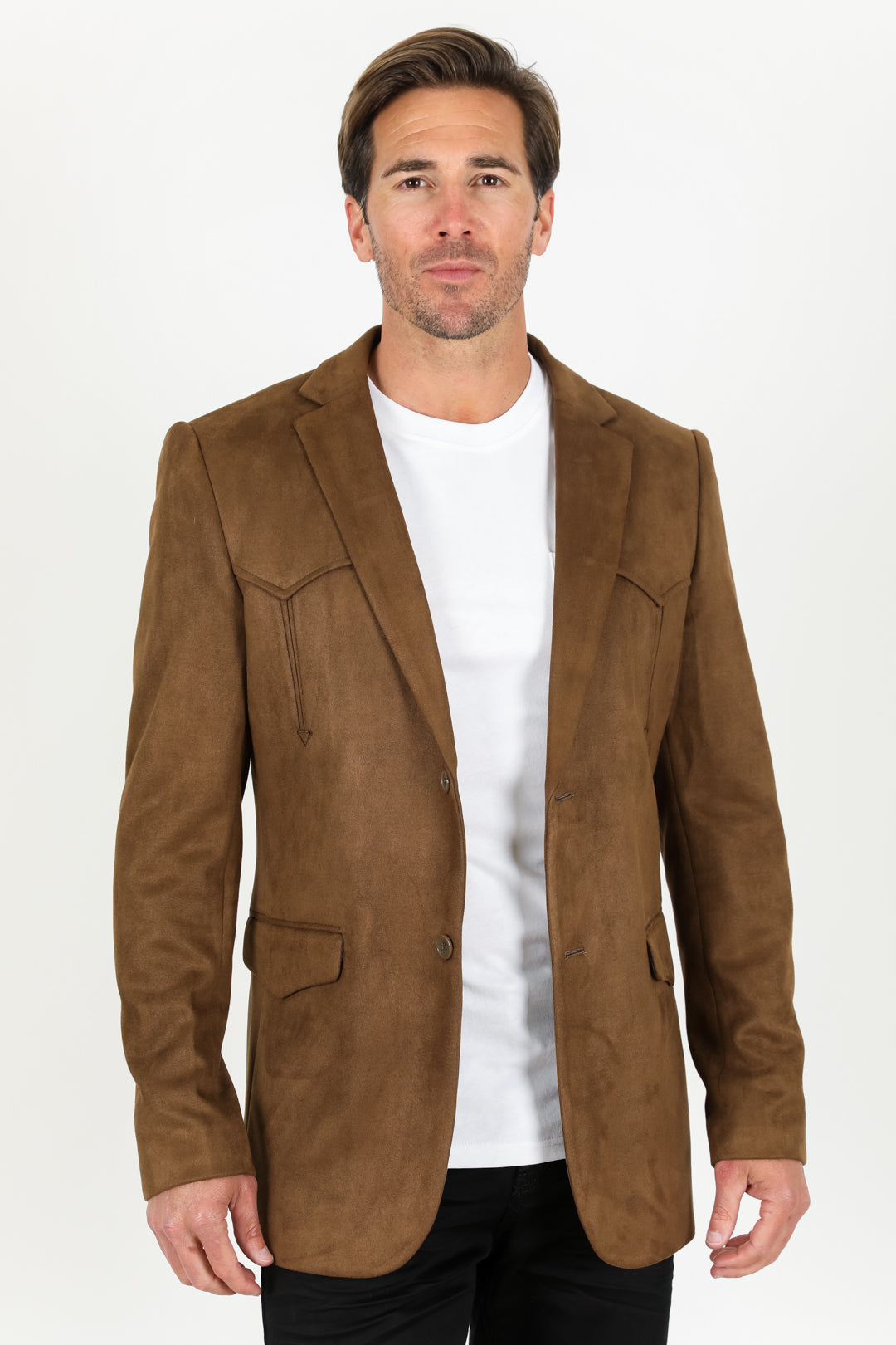 Men’s Double Button Brown Faux Suede Blazer – Modern Fit Dress Jacket - S