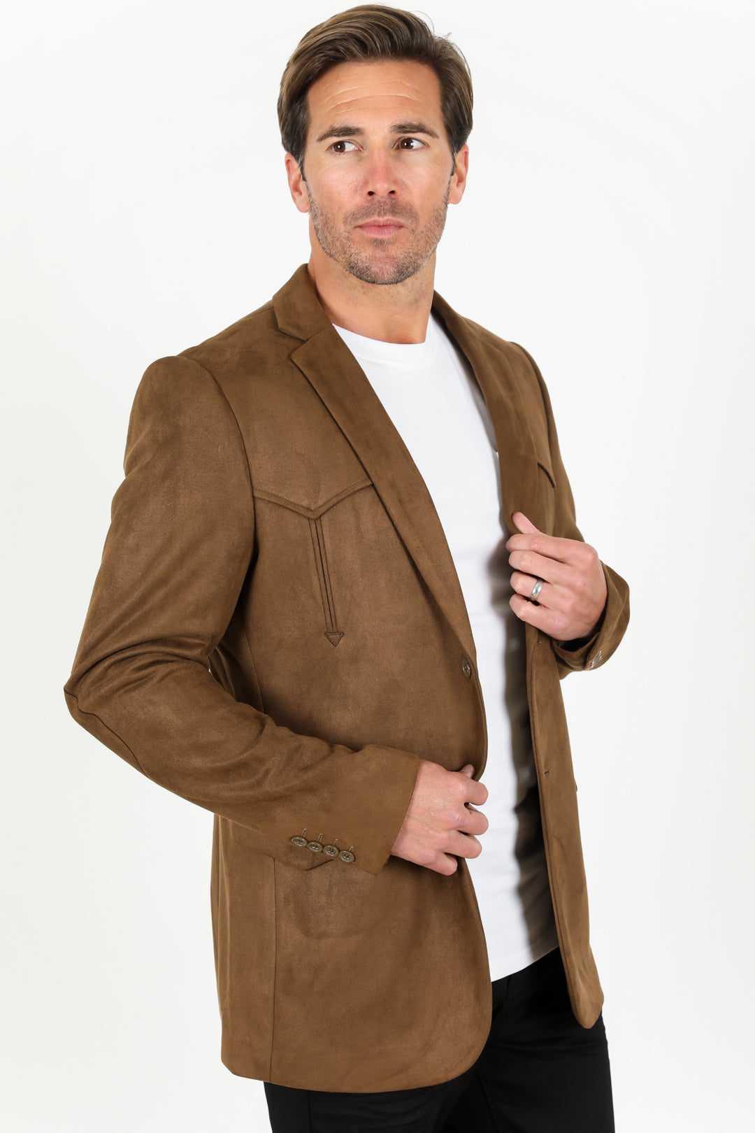 Men’s Double Button Brown Faux Suede Blazer – Modern Fit Dress Jacket - S