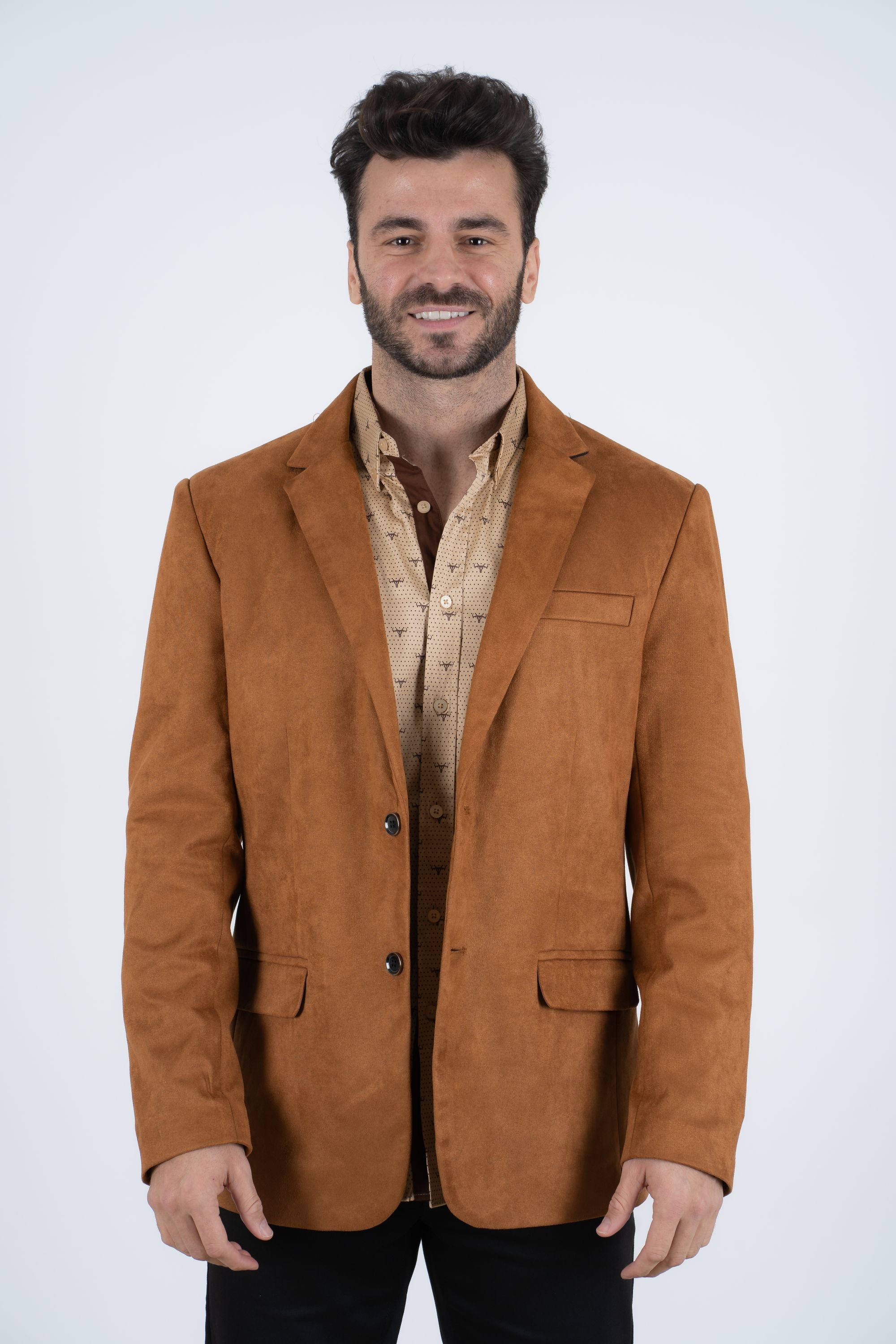 Men’s Camel Faux Suede Double Button Blazer – Stylish Casual Sport Coat - S