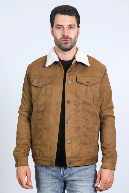 Classic Camel Faux Suede Jacket for Men – Sherpa Lined Warm Winter Style