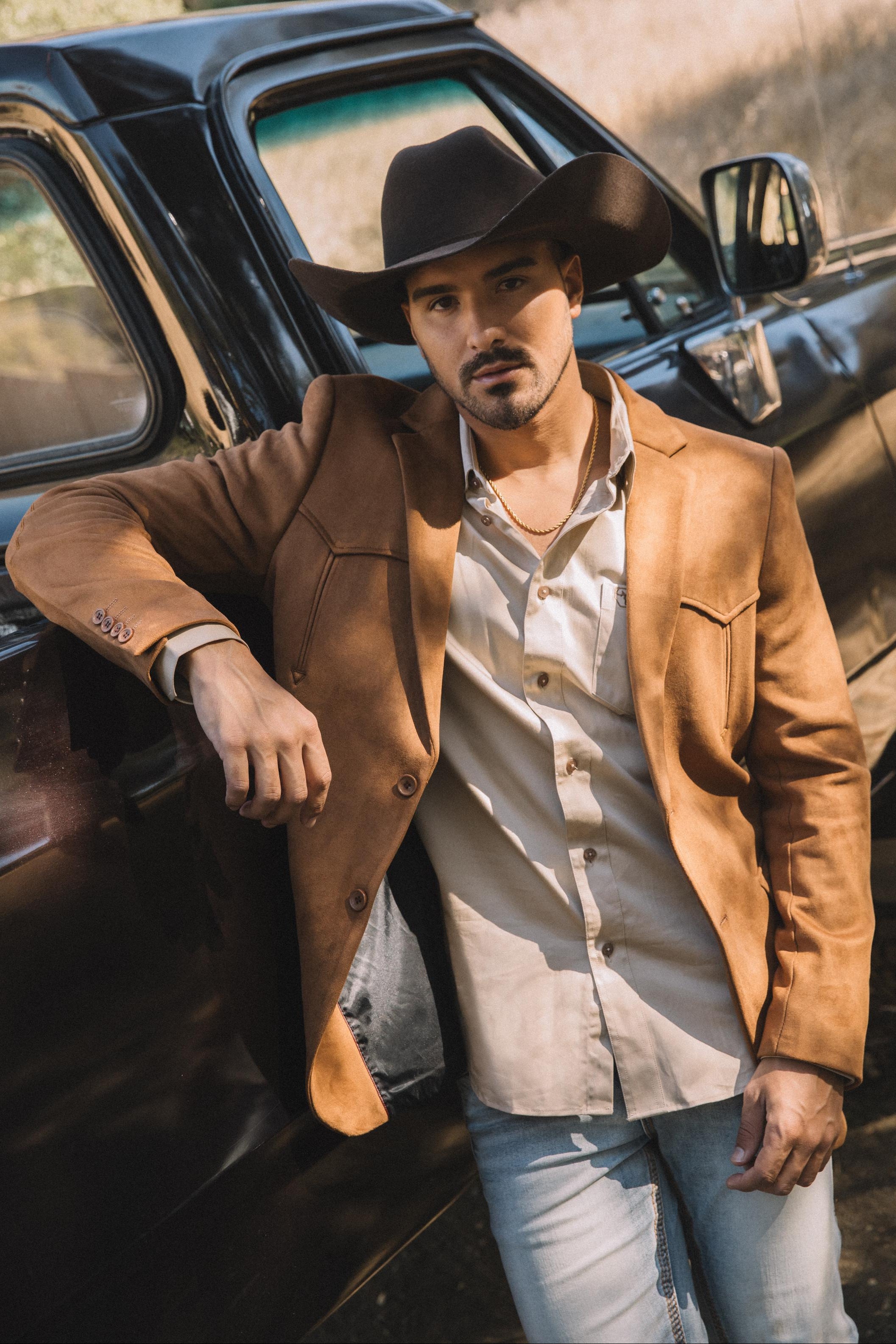 Men’s Double-Button Faux Suede Blazer in Camel - S