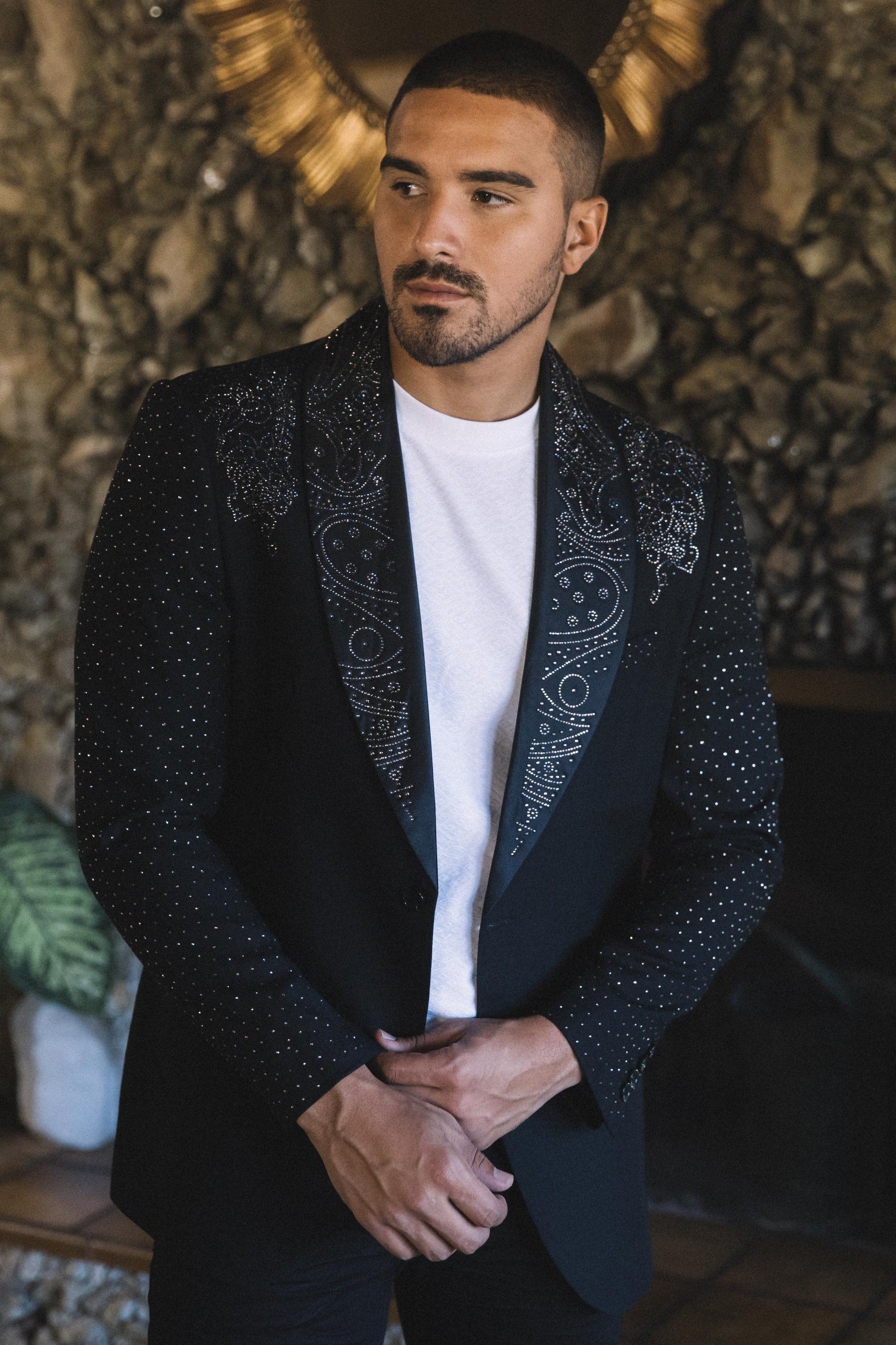 Men’s Black Sparkle Rhinestone Blazer – Slim Fit Double Button Coat - S