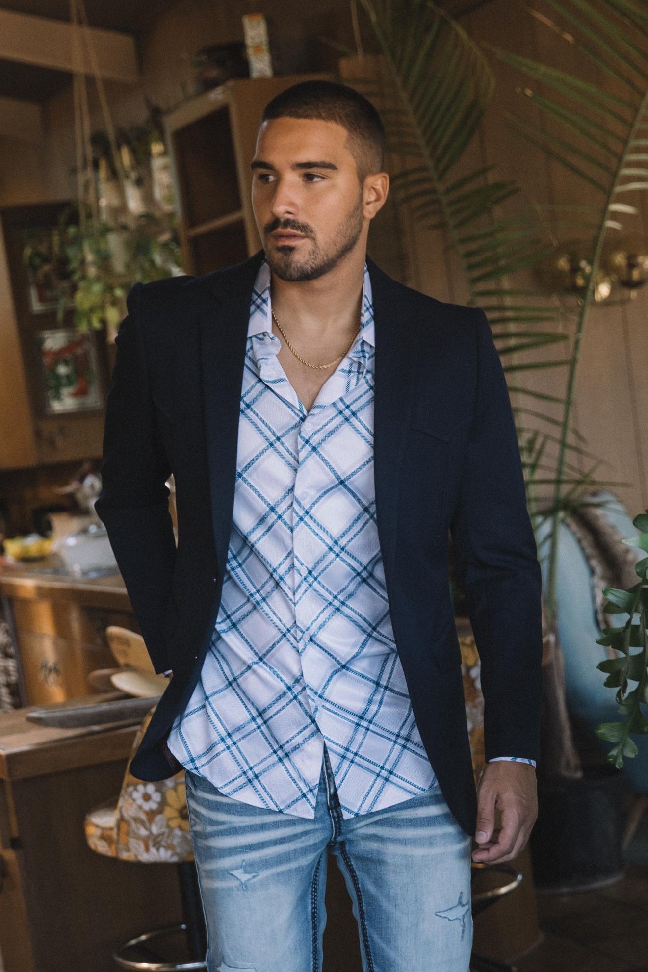 Men’s Navy Western Cowboy Blazer – Double Button Dress Coat - S