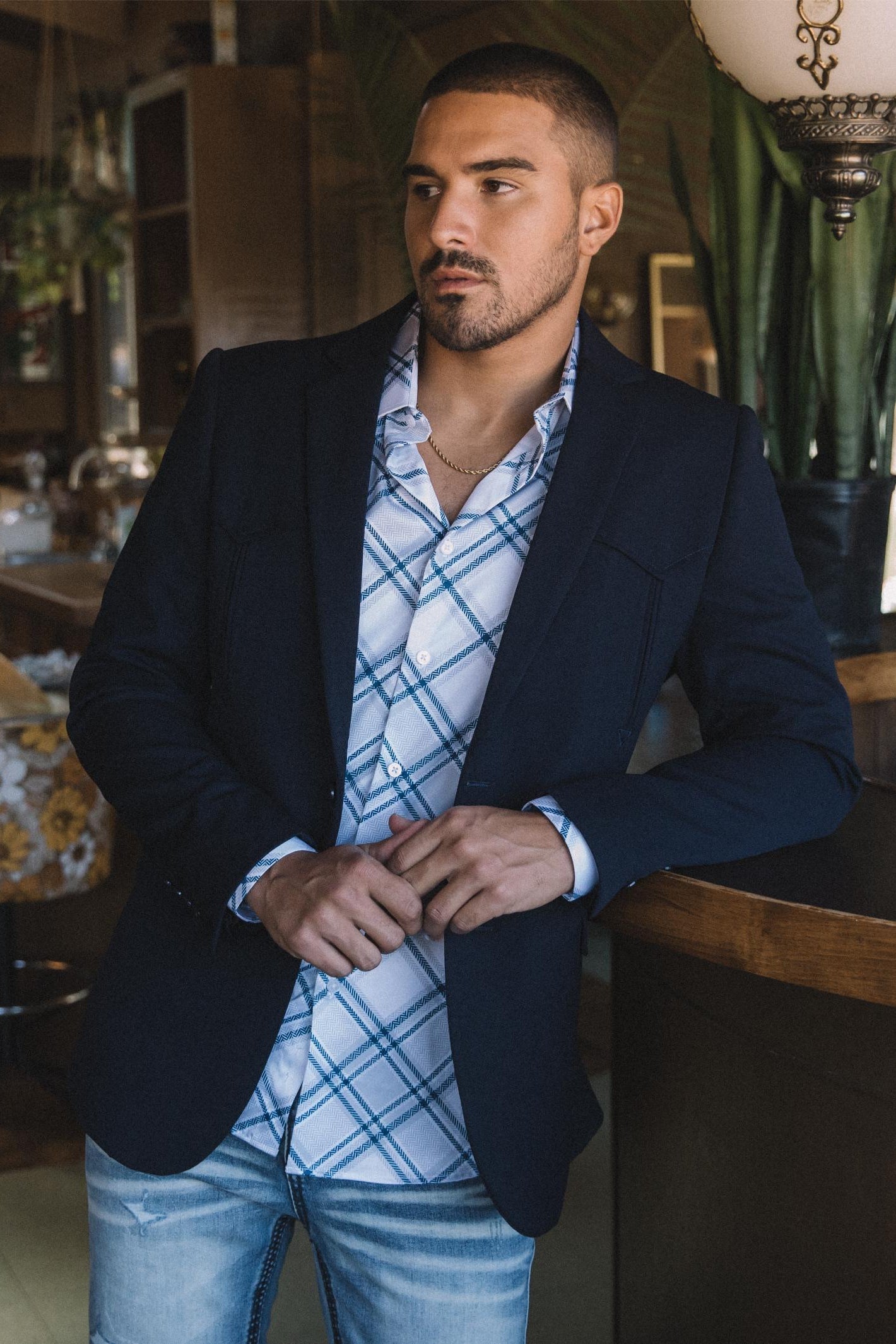 Men’s Navy Western Cowboy Blazer – Double Button Dress Coat - S