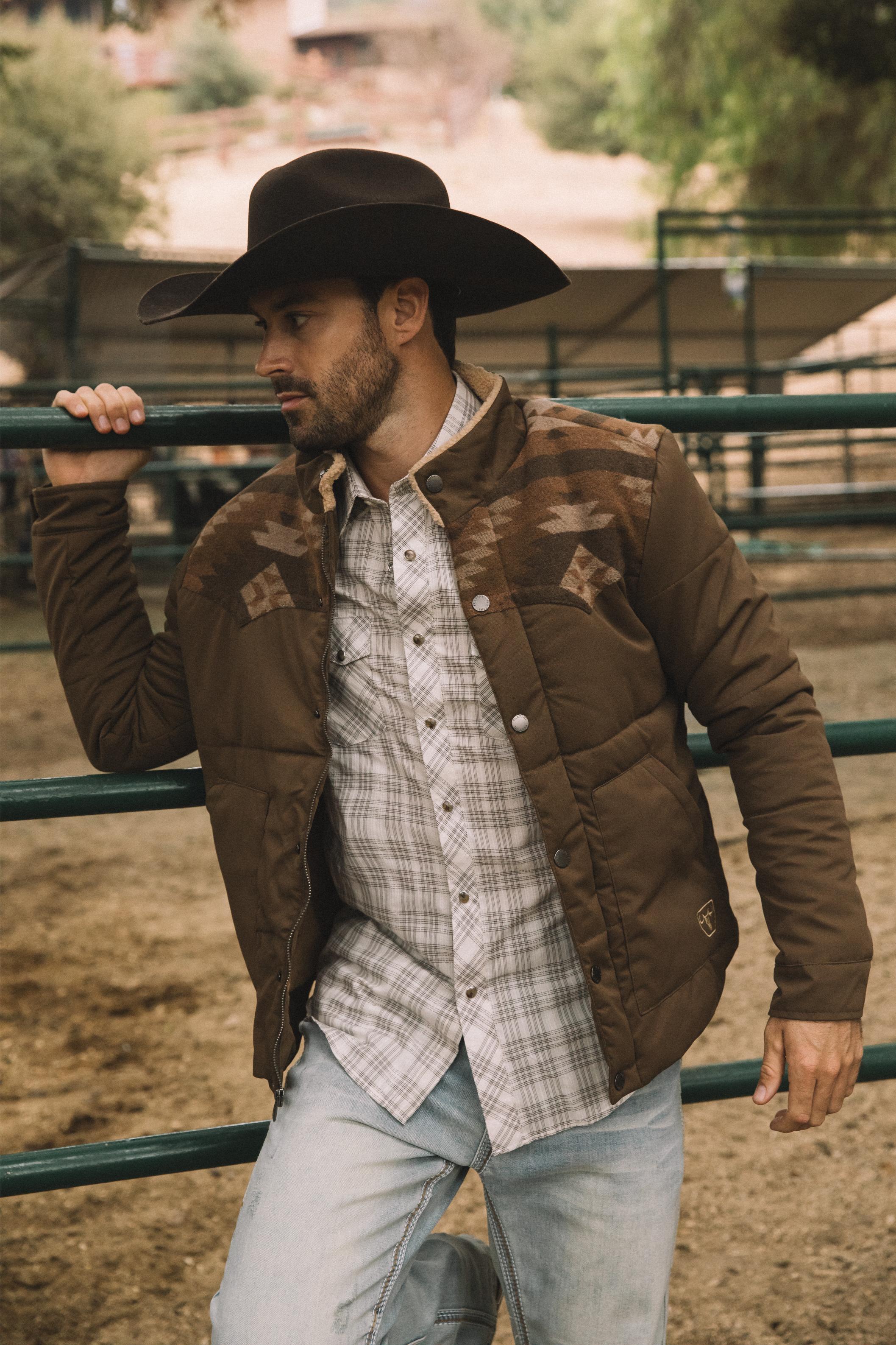 Men’s Quilted Twill Jacket with Aztec Print and Fur Lining – Brown - S