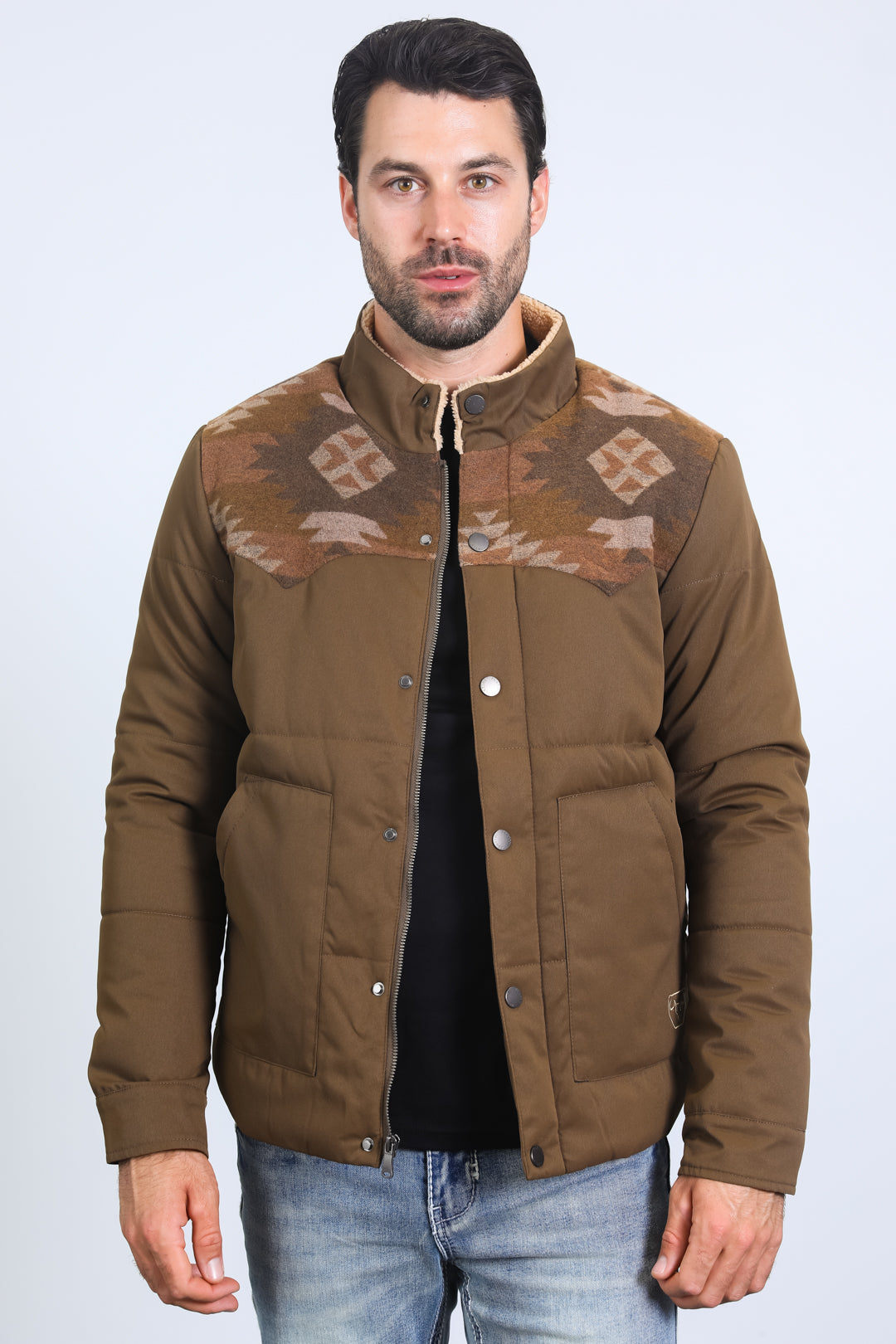Men’s Quilted Twill Jacket with Aztec Print and Fur Lining – Brown - S