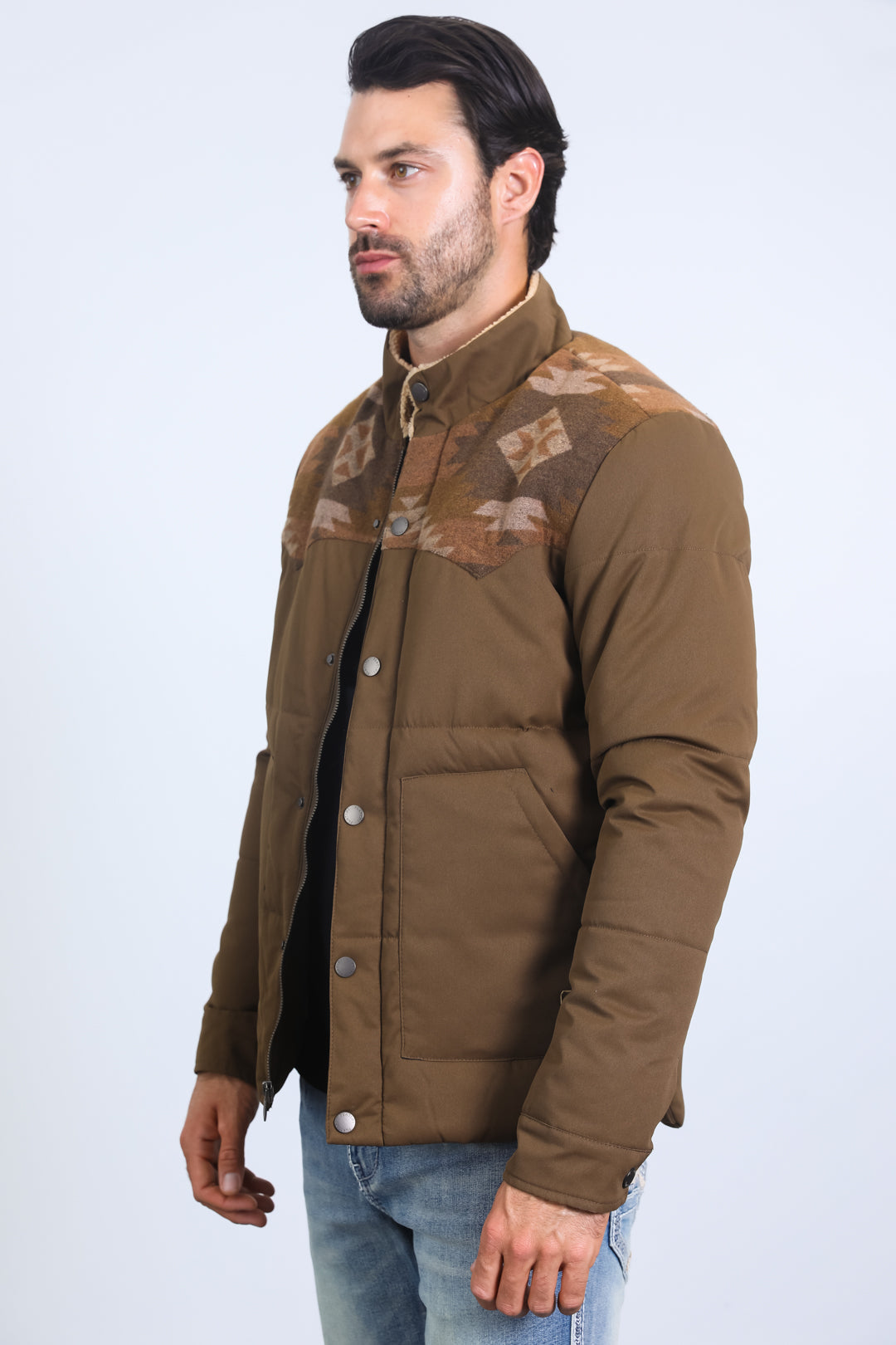 Men’s Quilted Twill Jacket with Aztec Print and Fur Lining – Brown - S