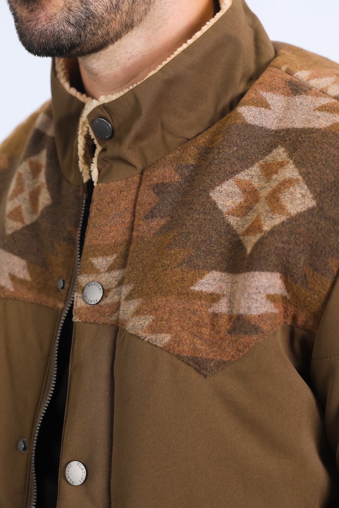 Men’s Quilted Twill Jacket with Aztec Print and Fur Lining – Brown - S