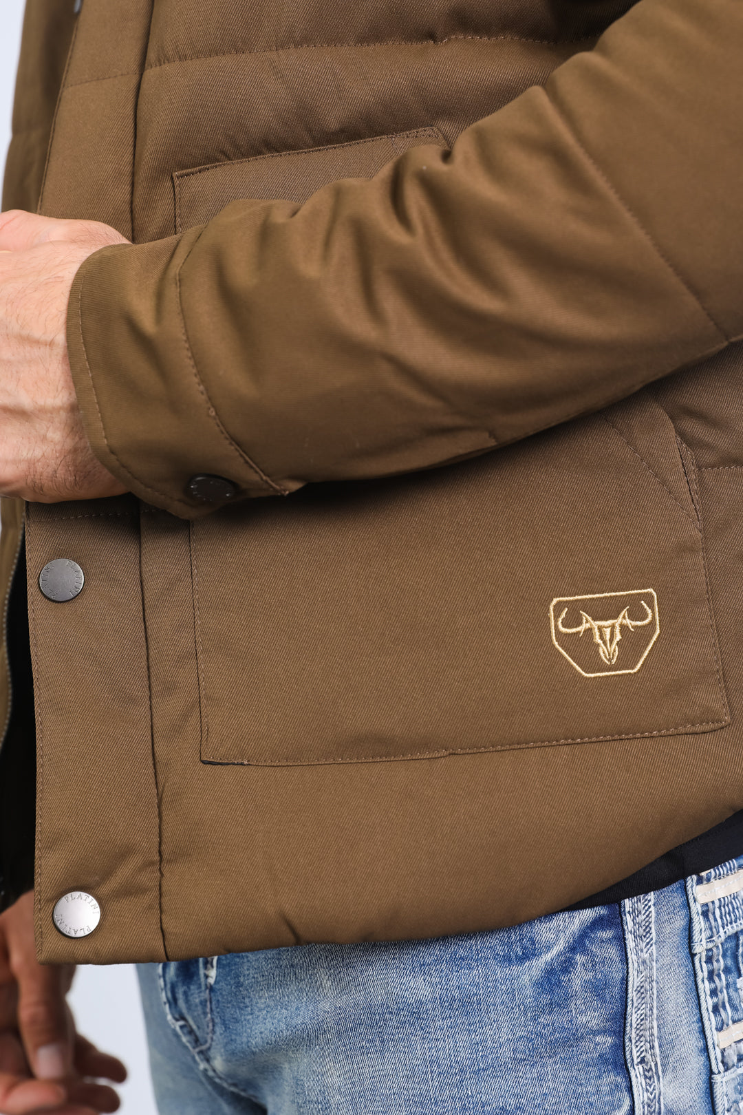 Men’s Quilted Twill Jacket with Aztec Print and Fur Lining – Brown - S