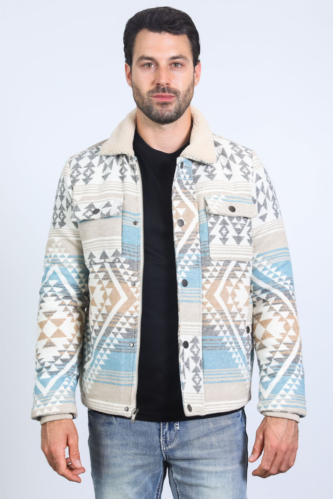 Men’s Aztec Tribal Quilted Twill Jacket – Beige Casual Outerwear - S