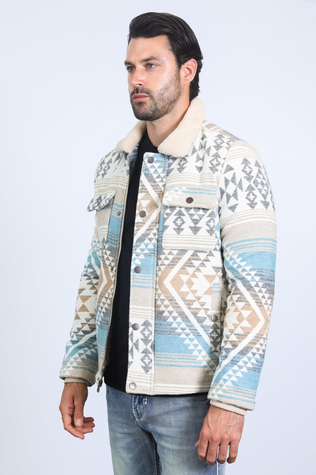 Men’s Aztec Tribal Quilted Twill Jacket – Beige Casual Outerwear - S