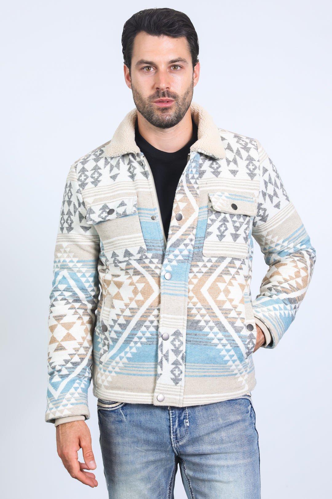 Men’s Aztec Tribal Quilted Twill Jacket – Beige Casual Outerwear - S