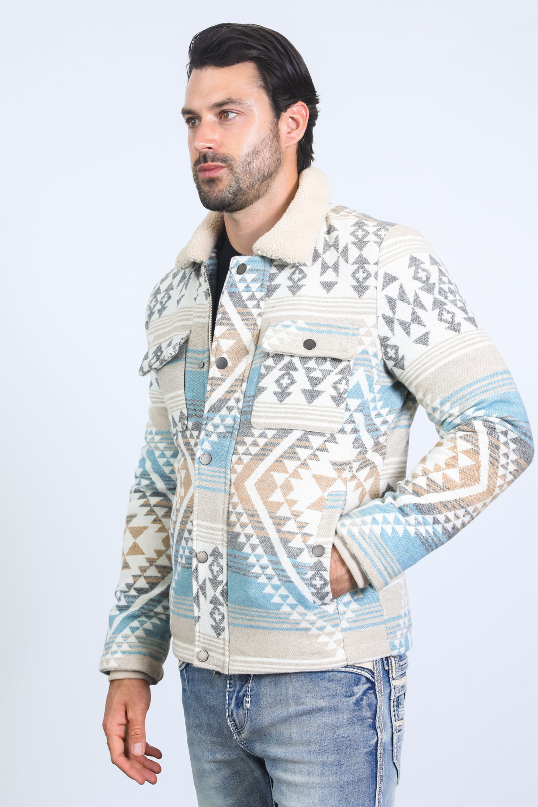 Men’s Aztec Tribal Quilted Twill Jacket – Beige Casual Outerwear - S