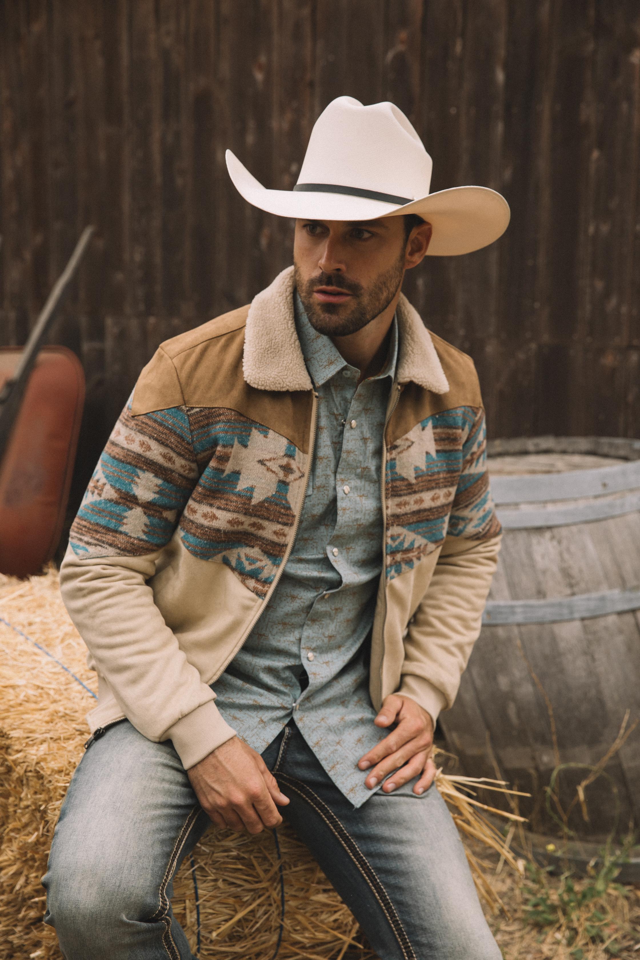 Men’s Western Inspired Aztec Quilted Twill Jacket – Beige with Suede Accents - S
