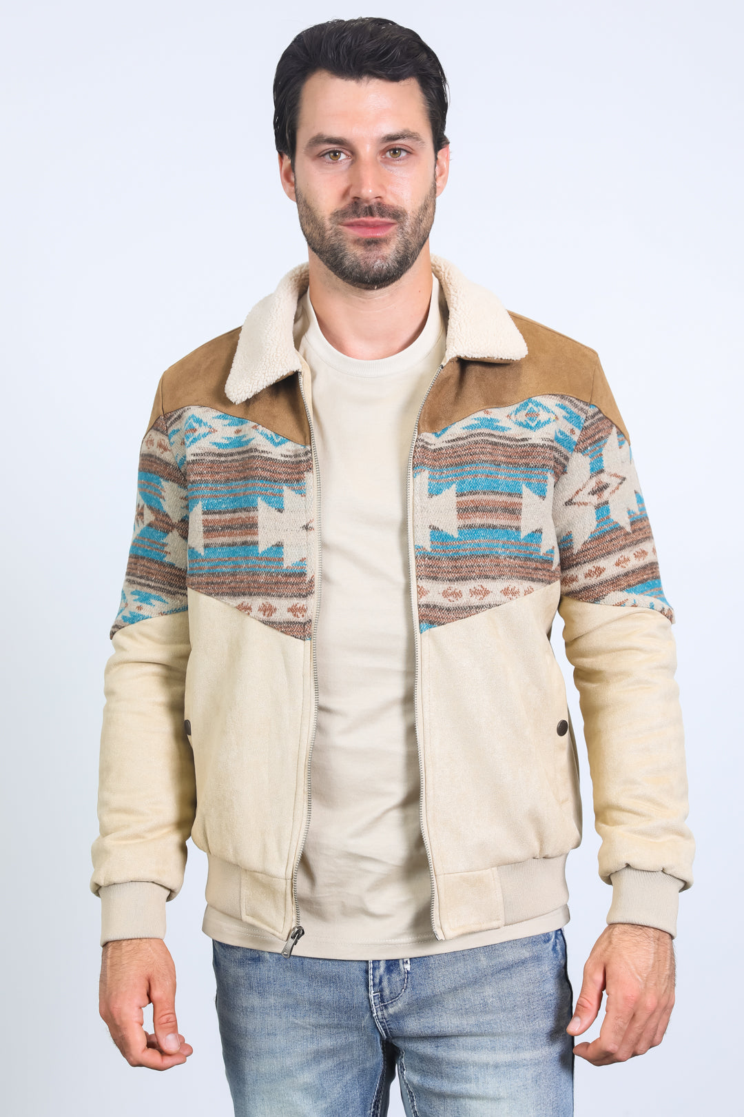 Men’s Western Inspired Aztec Quilted Twill Jacket – Beige with Suede Accents - S