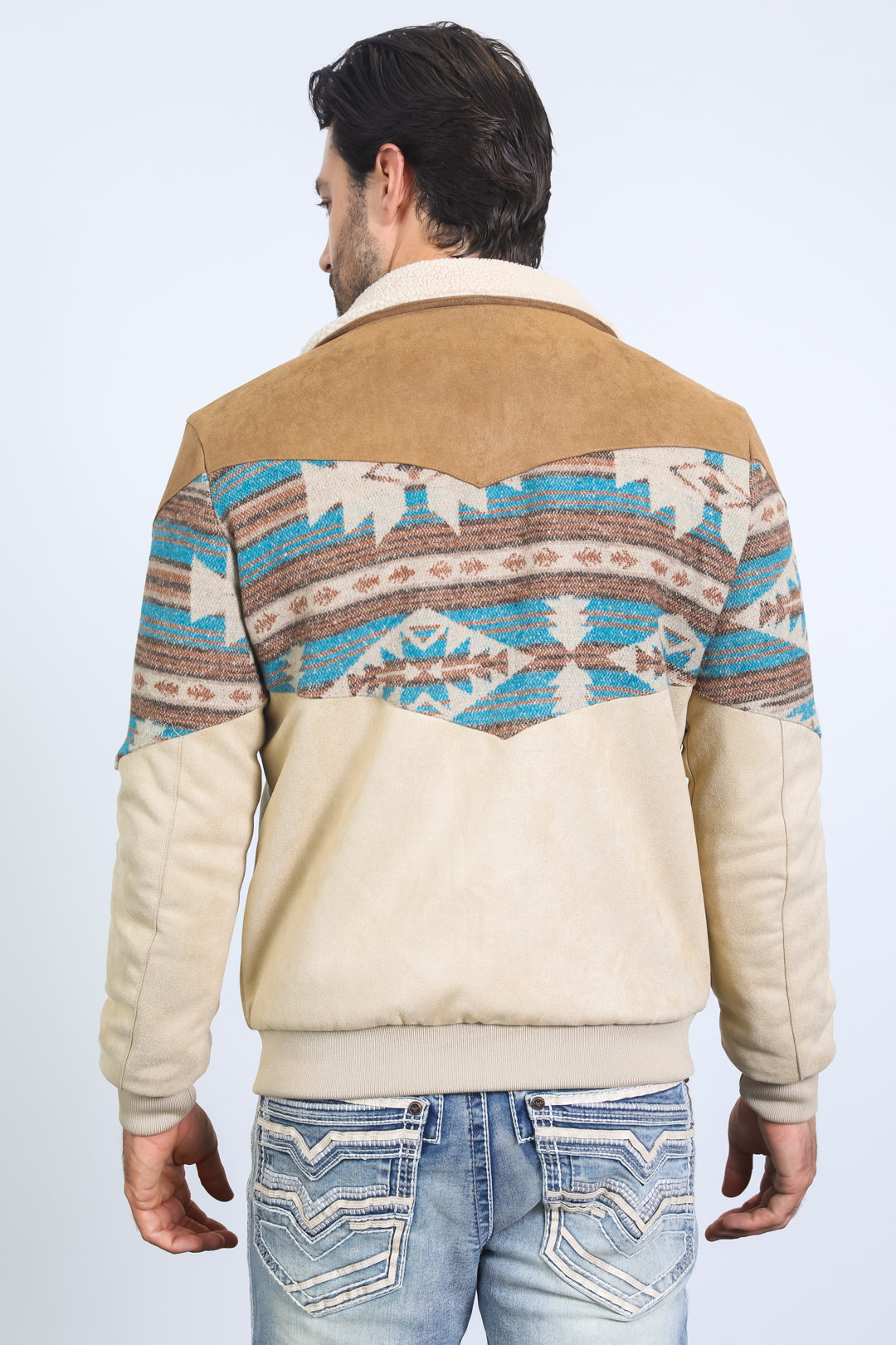 Men’s Western Inspired Aztec Quilted Twill Jacket – Beige with Suede Accents - S