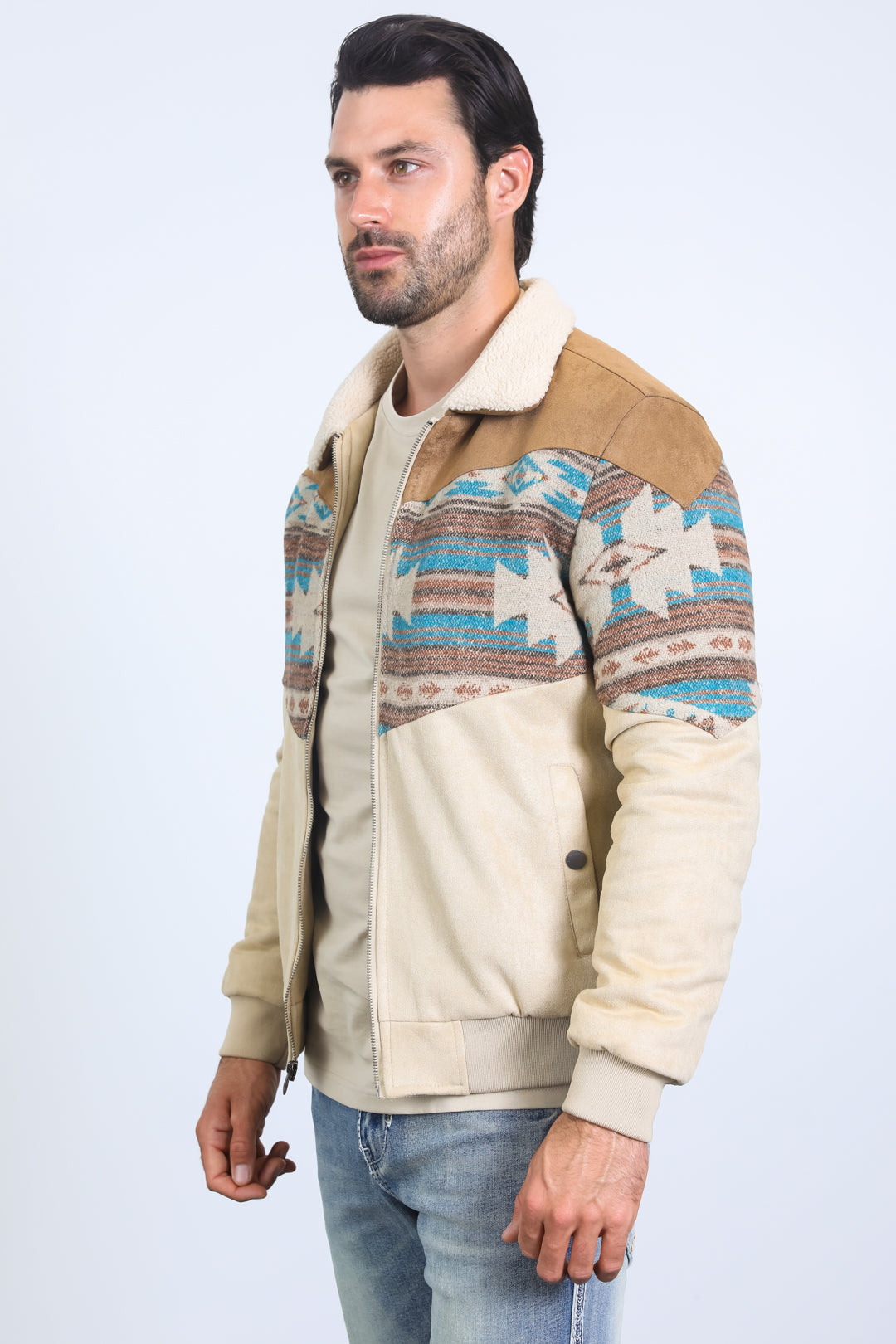 Men’s Western Inspired Aztec Quilted Twill Jacket – Beige with Suede Accents - S
