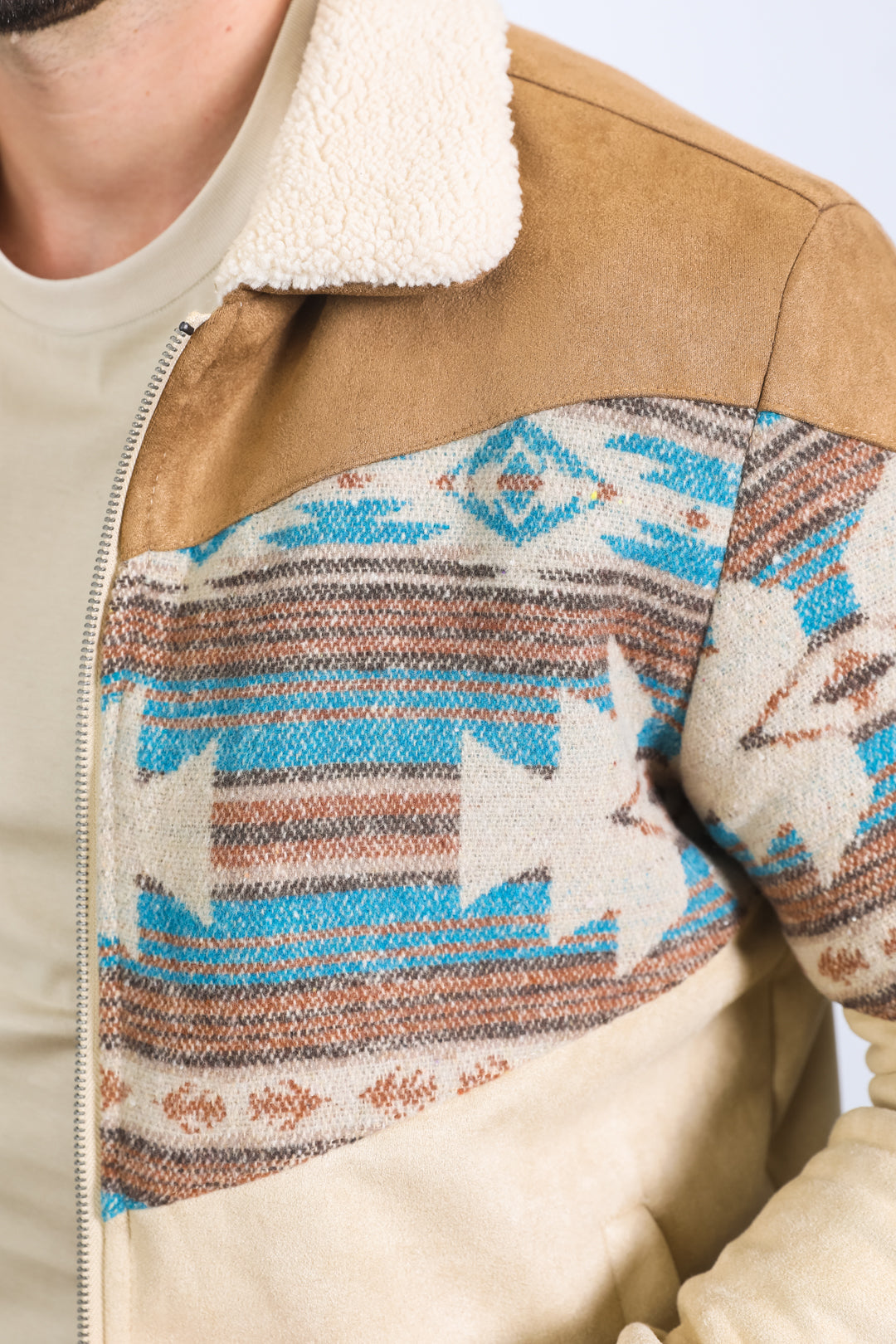 Men’s Western Inspired Aztec Quilted Twill Jacket – Beige with Suede Accents - S