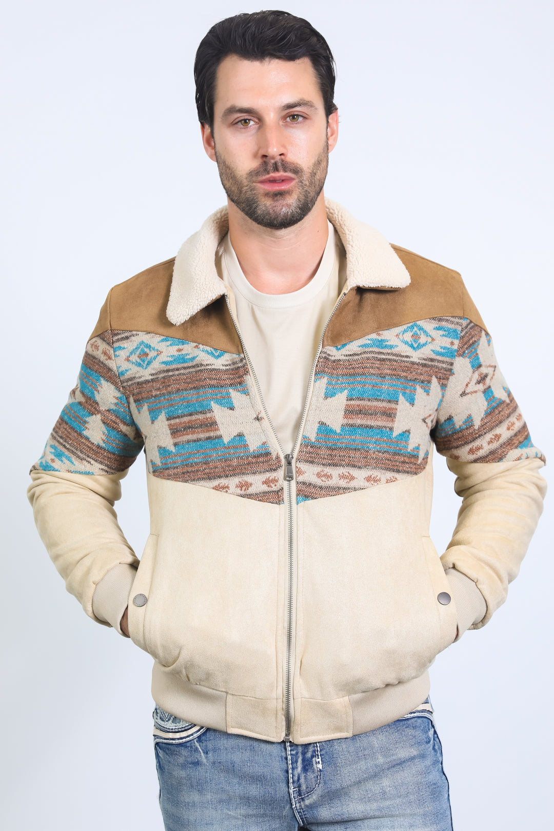 Men’s Western Inspired Aztec Quilted Twill Jacket – Beige with Suede Accents - S