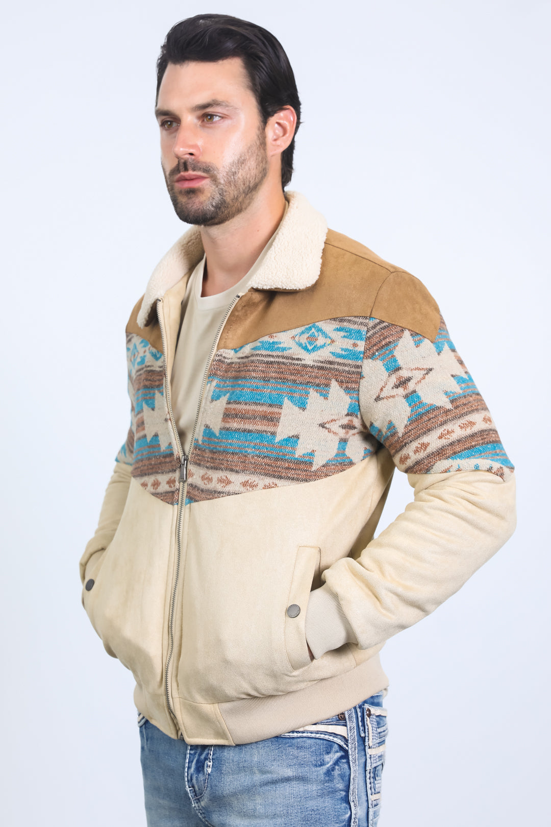 Men’s Western Inspired Aztec Quilted Twill Jacket – Beige with Suede Accents - S
