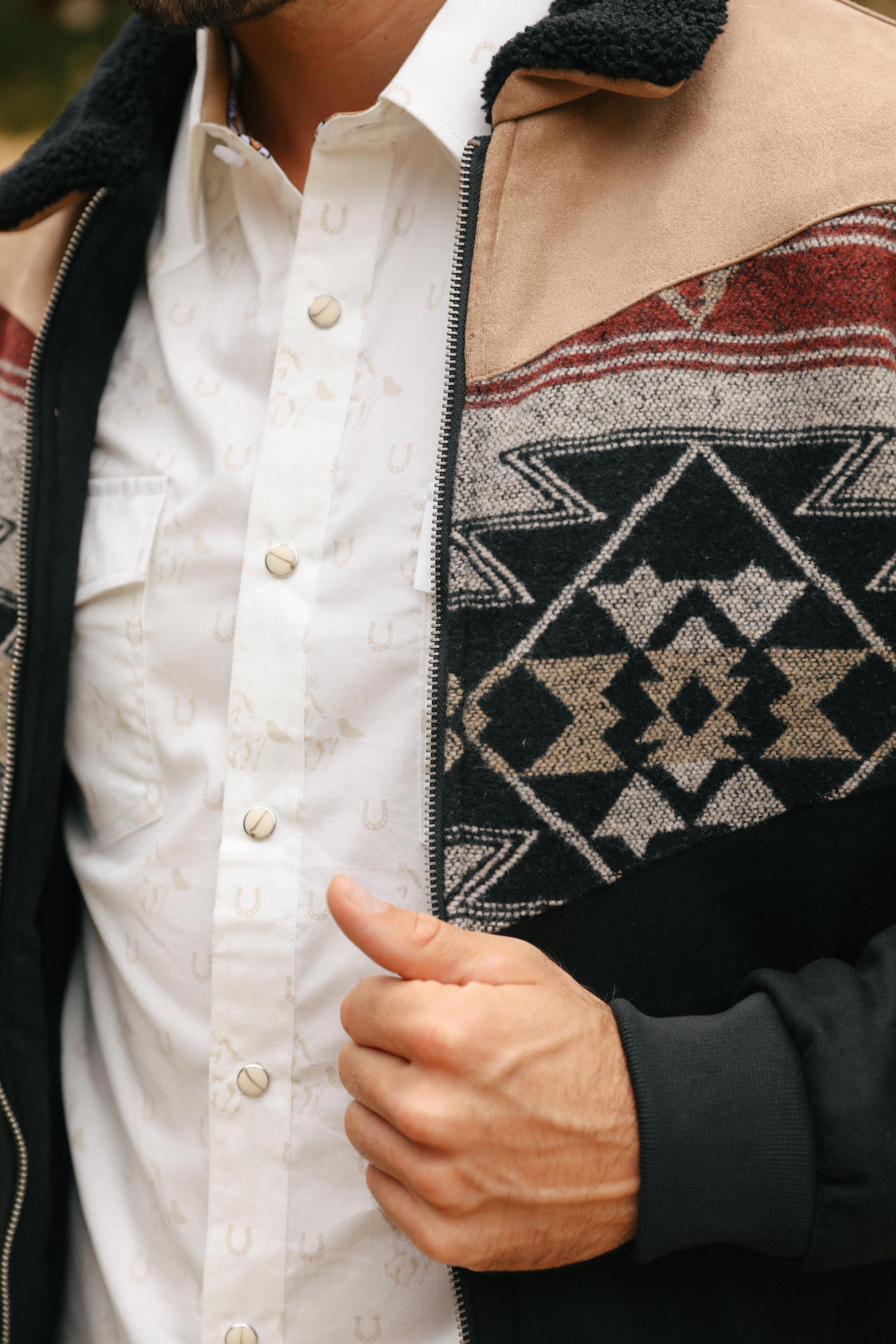 Men’s Tribal Aztec Quilted Jacket – Black & Beige Twill with Suede Touch - S