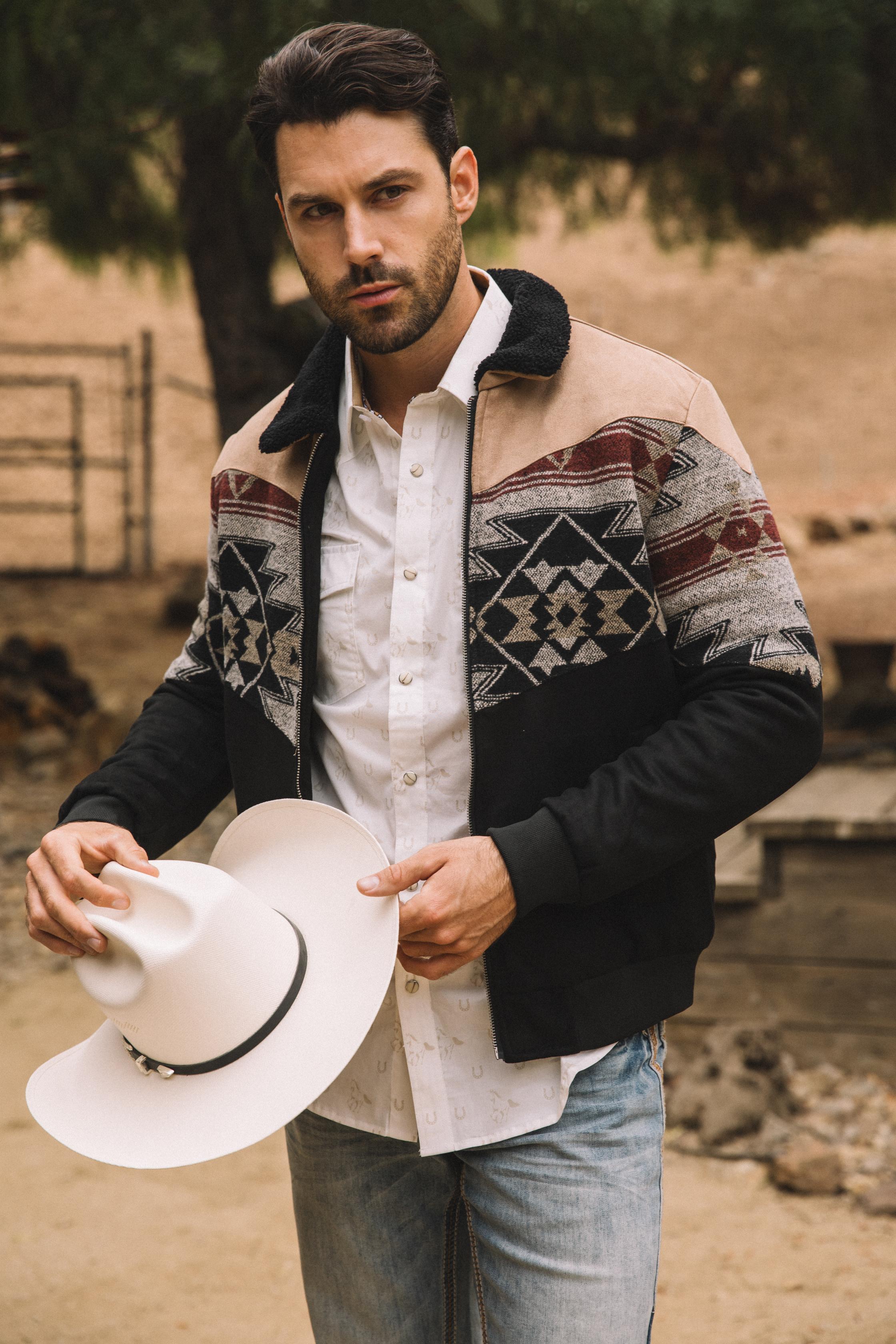 Men’s Tribal Aztec Quilted Jacket – Black & Beige Twill with Suede Touch - S