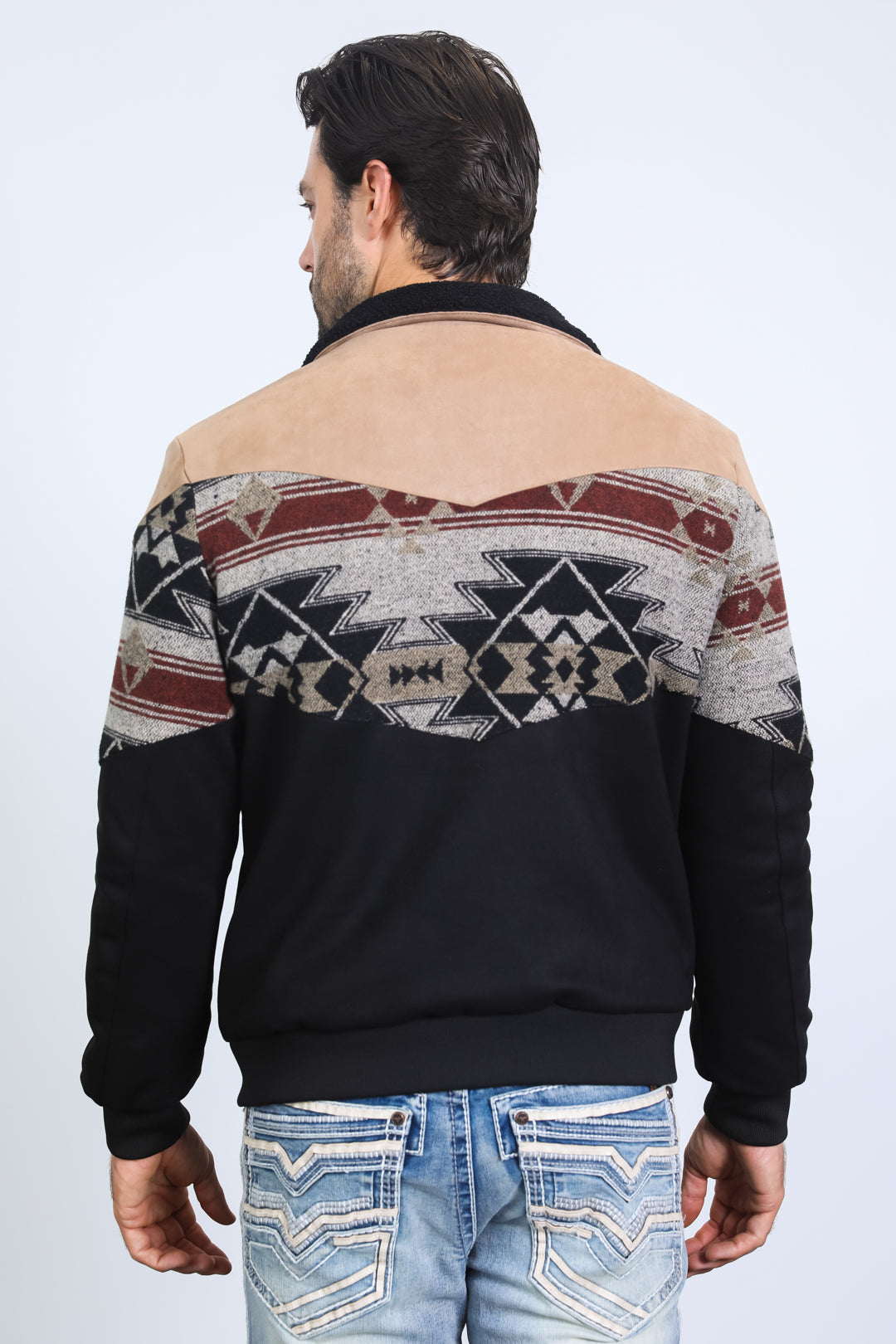 Men’s Tribal Aztec Quilted Jacket – Black & Beige Twill with Suede Touch - S