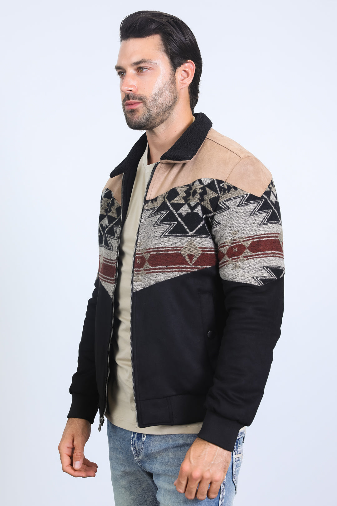Men’s Tribal Aztec Quilted Jacket – Black & Beige Twill with Suede Touch - S
