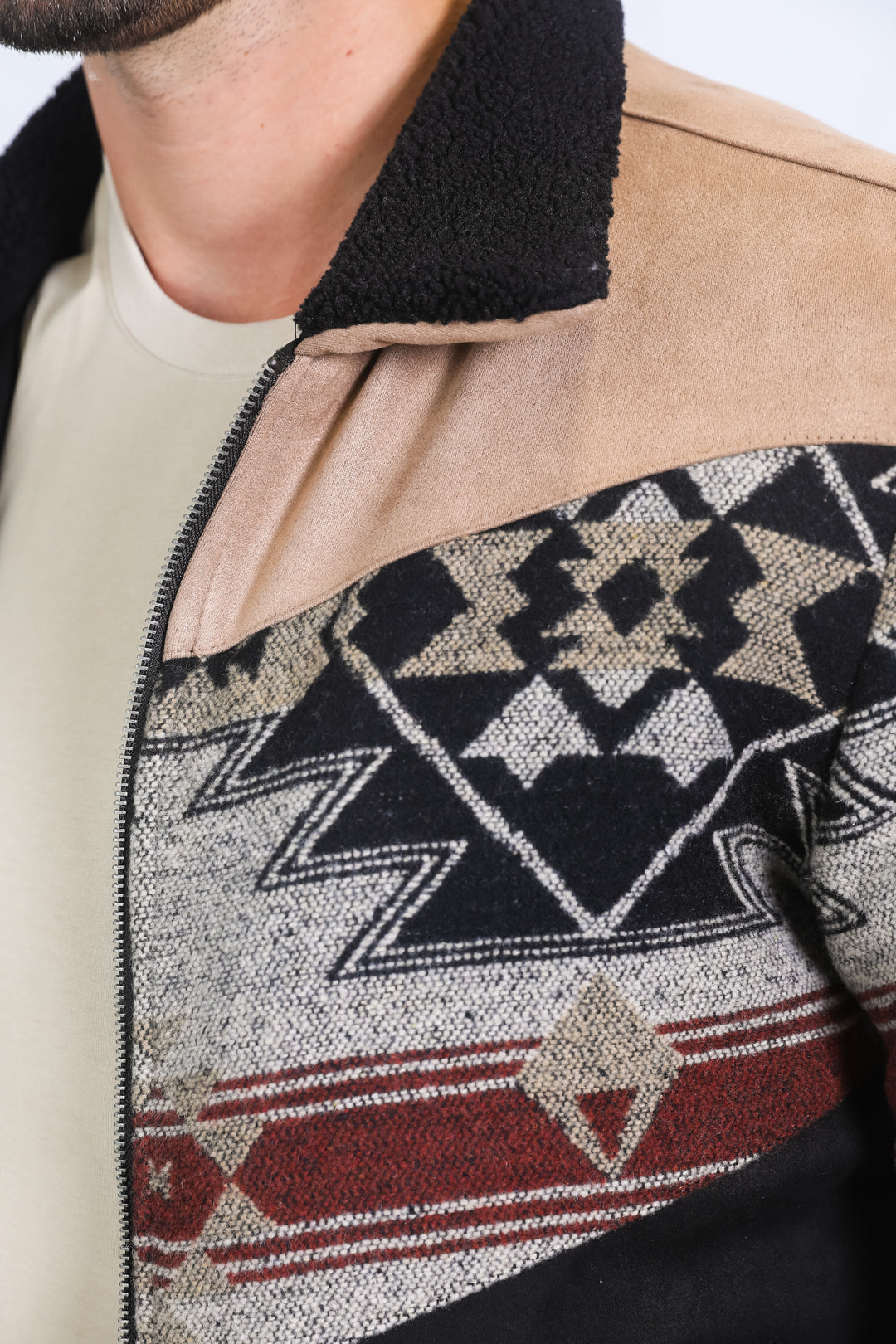 Men’s Tribal Aztec Quilted Jacket – Black & Beige Twill with Suede Touch - S