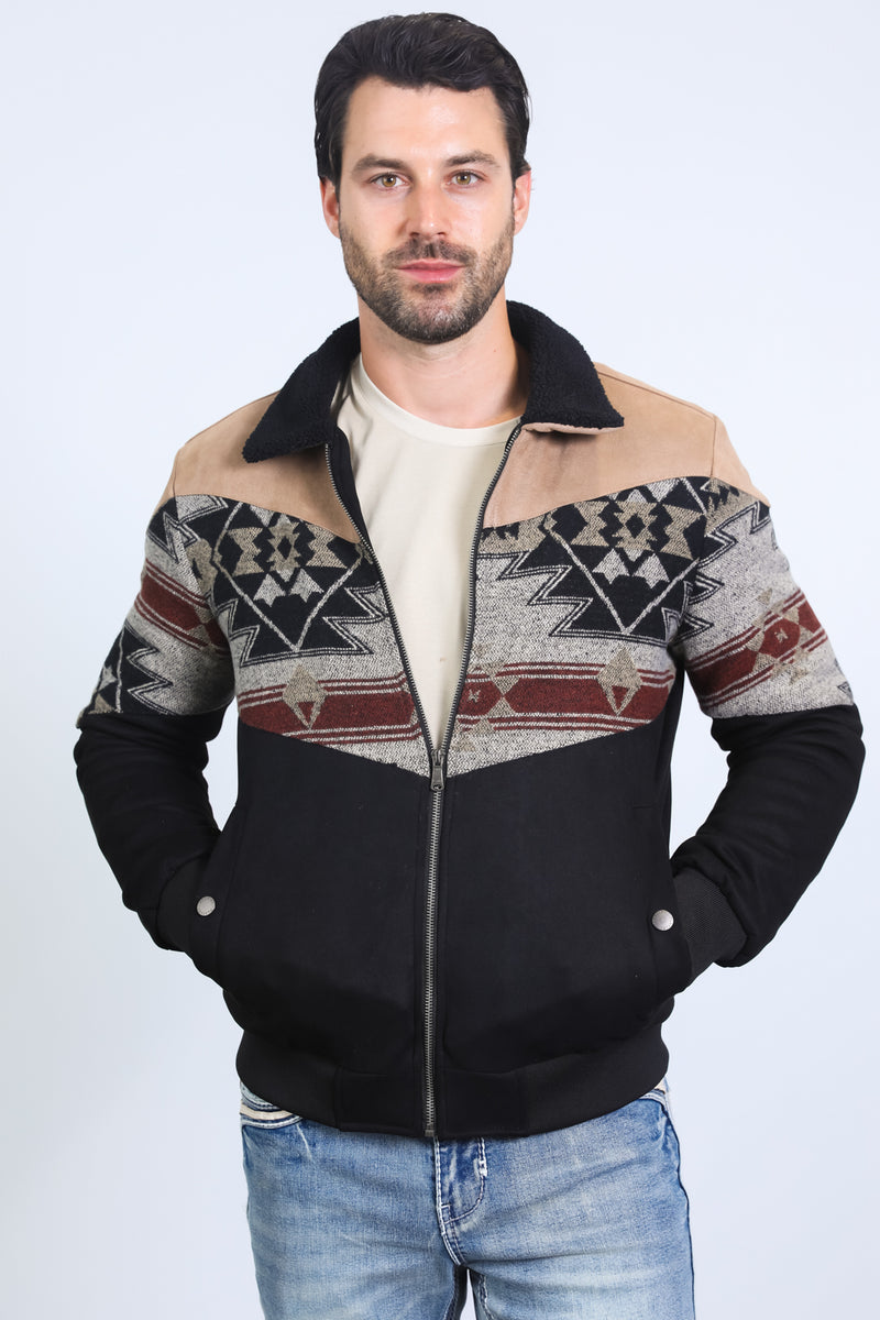 Men’s Tribal Aztec Quilted Jacket – Black & Beige Twill with Suede Touch - S